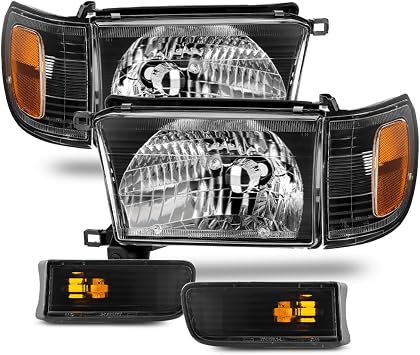 Compatible with 1999 2000 2001 2002 Toyota 4Runner Black Headlights Headlamps w/Corner Signal Lights 6pcs Set Left+Right