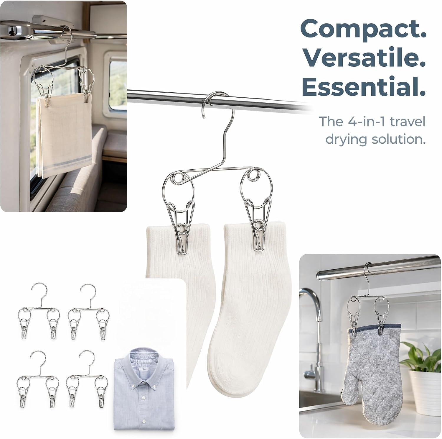 4PCS Double Clip Stainless Steel Travel Hanger, Portable Rustproof Space Saving Laundry Drying Hanger with Dual Clips, Compact Hotel Travel Hanger for Socks Handkerchiefs Small Items