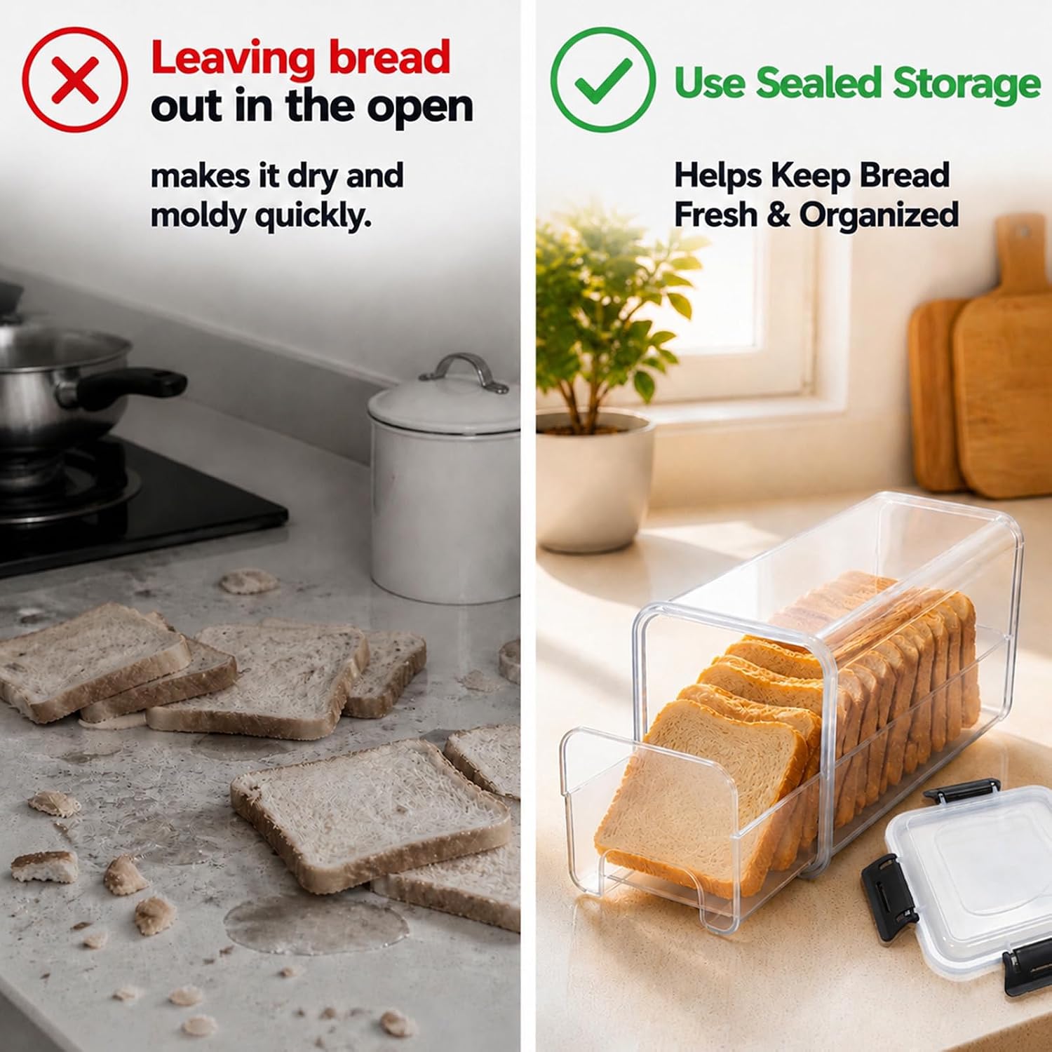 Square Bread Storage Box, Airtight Bread Container with Sliding Drawer