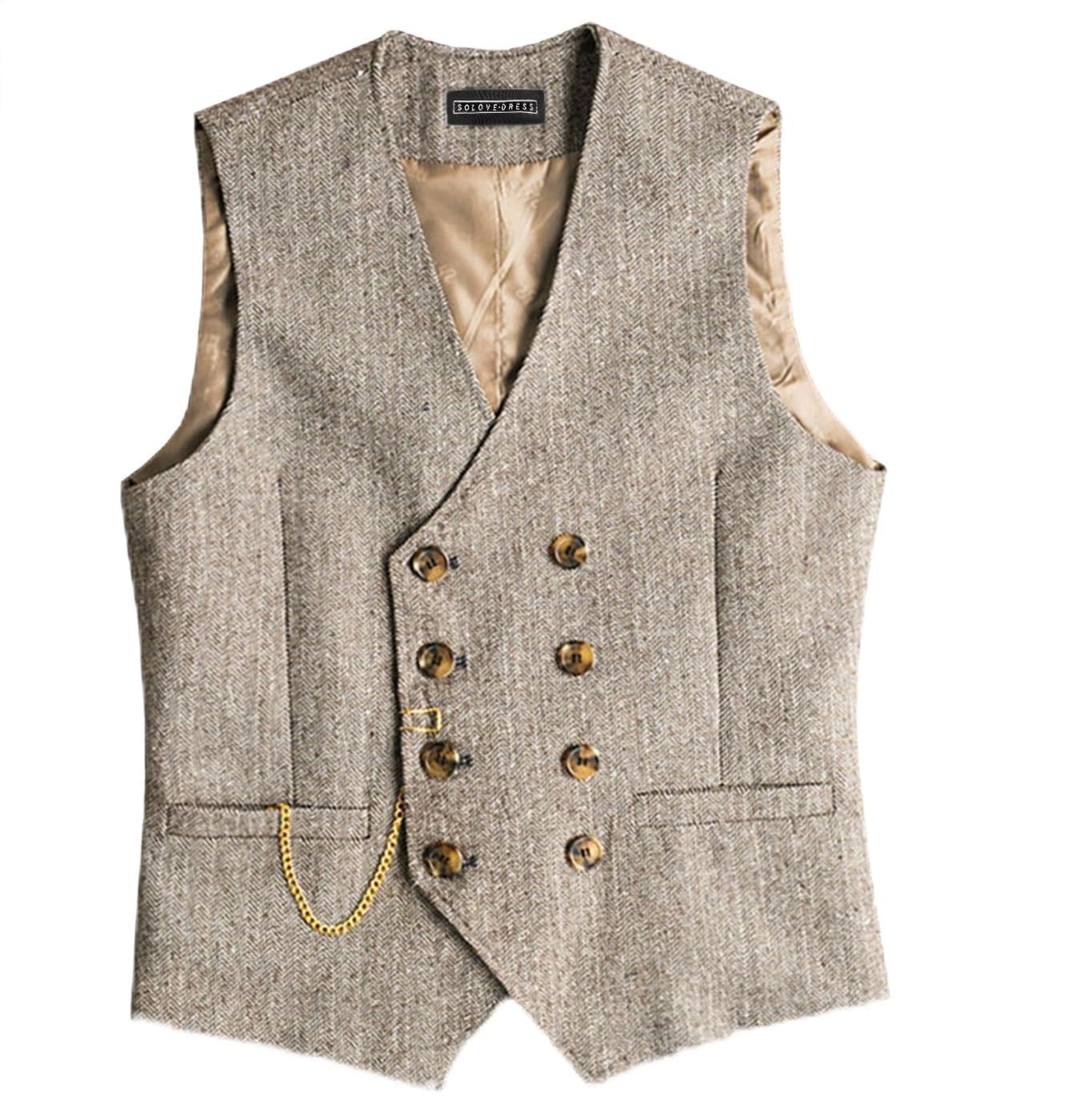 Solovedress Mens Classic Vintage Suit Waistcoat Double Breasted Suit Vest for Wedding and Party(Champagne,M)