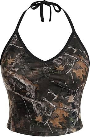 COZYEASE Womens Camo Print V Neck Sleeveless Crop Tops Casual Ruched Backless Halter Tops