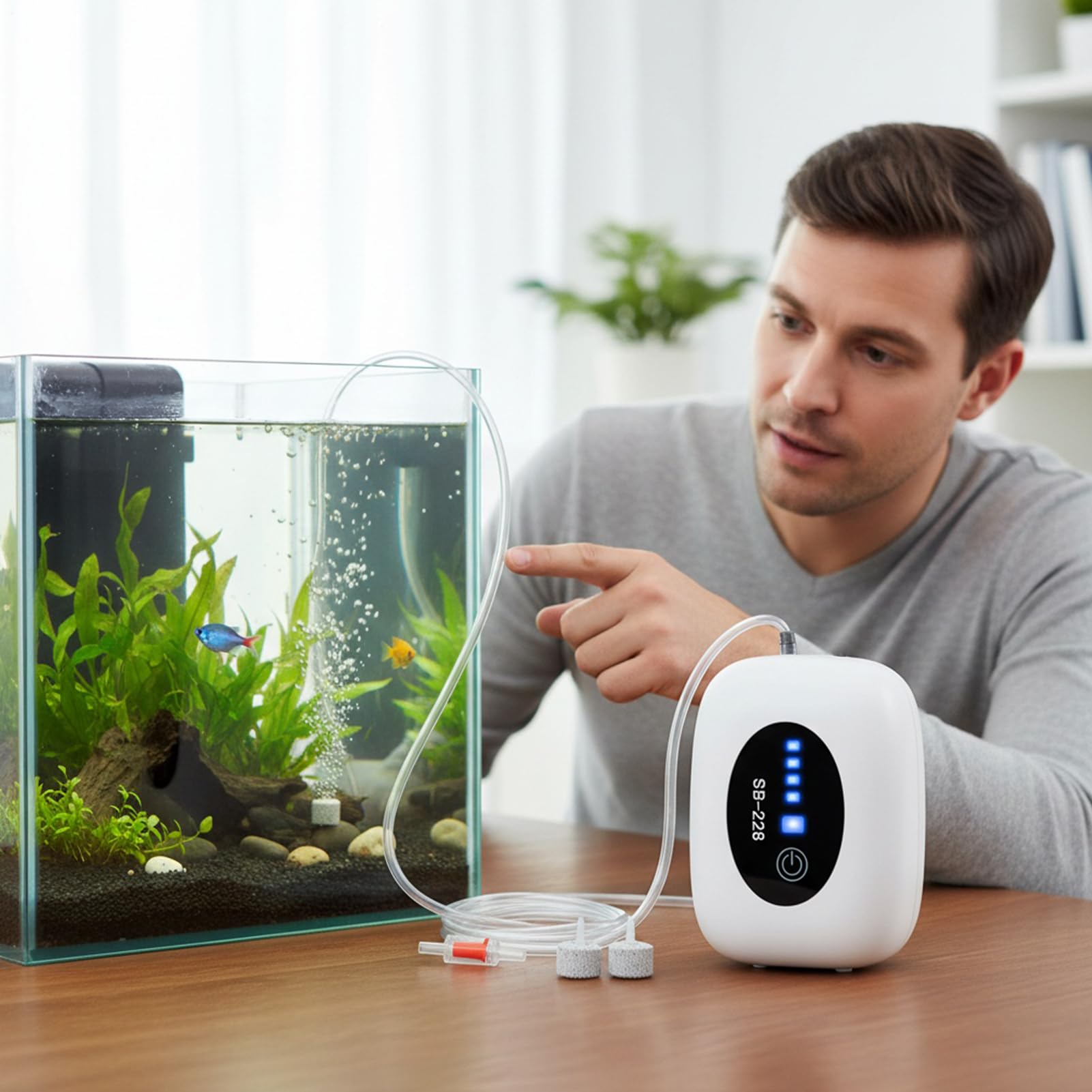 Bomba de Aire para Acuario Aerador portátil Recargable silencioso con 2 | Bomba De Aire Para Peceras para Estanque Fuente Hidroponía Agua Salada Plantas Vivas Interior Exterior