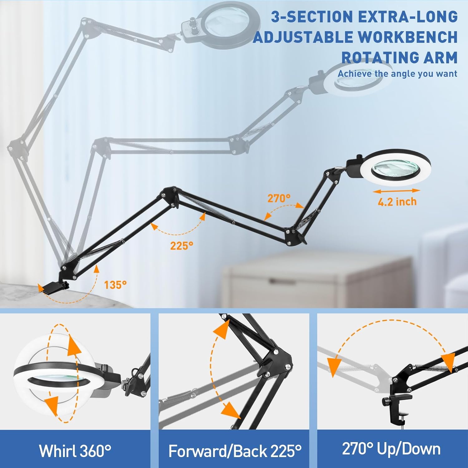 HITTI 12X Extra Long Magnifying Glass with Light, Upgrade Infinite Color and Brightness LED Desk Lamp Clamp, Hands Free 3 Section Magnifier Light Stand for Workbench Craft Reading (12X 35in Clamp)