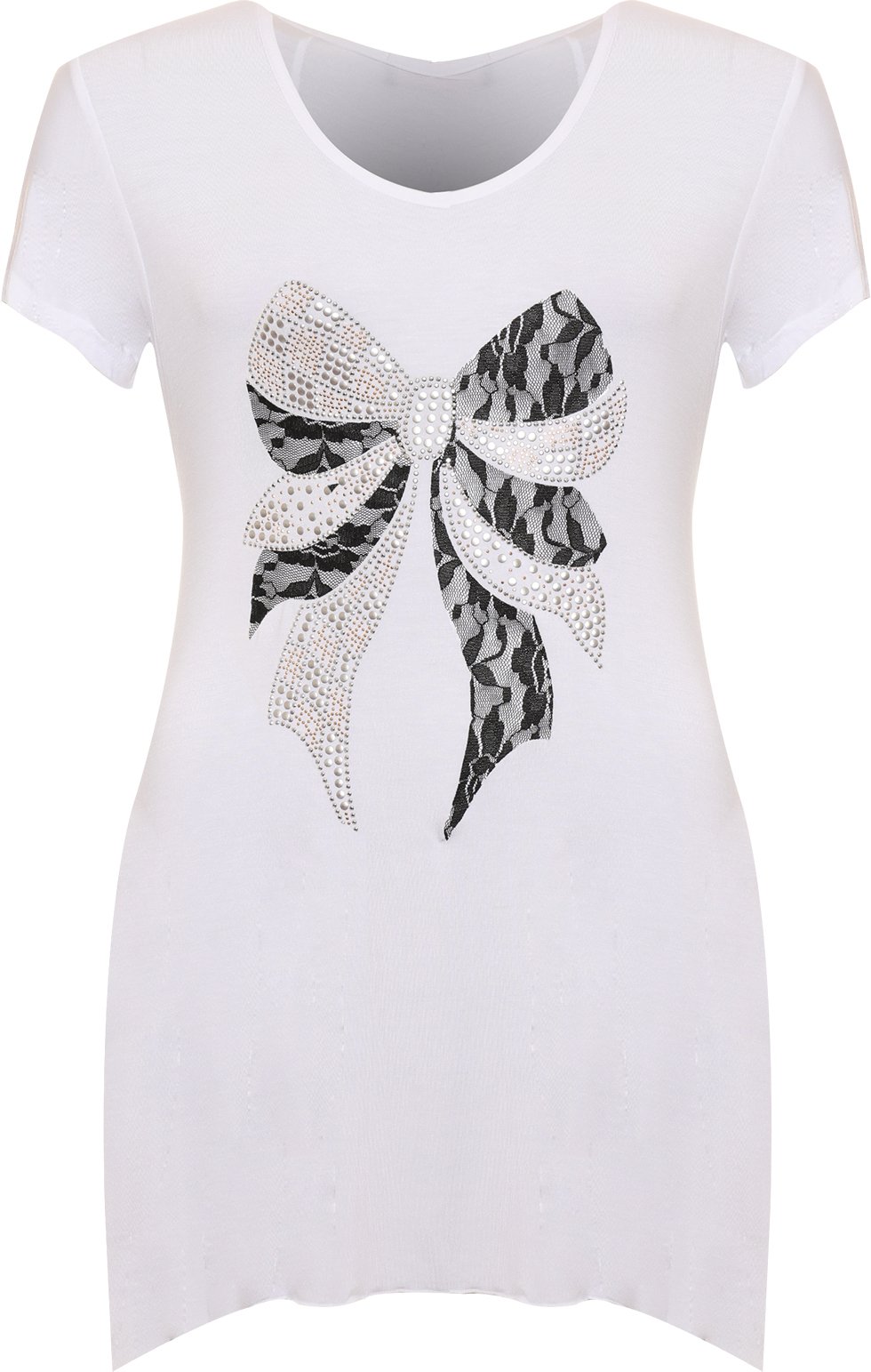 Wearall Women's White Plus Size Bow Lace Stud Hanky Hem Short Sleeve Long Top - 20