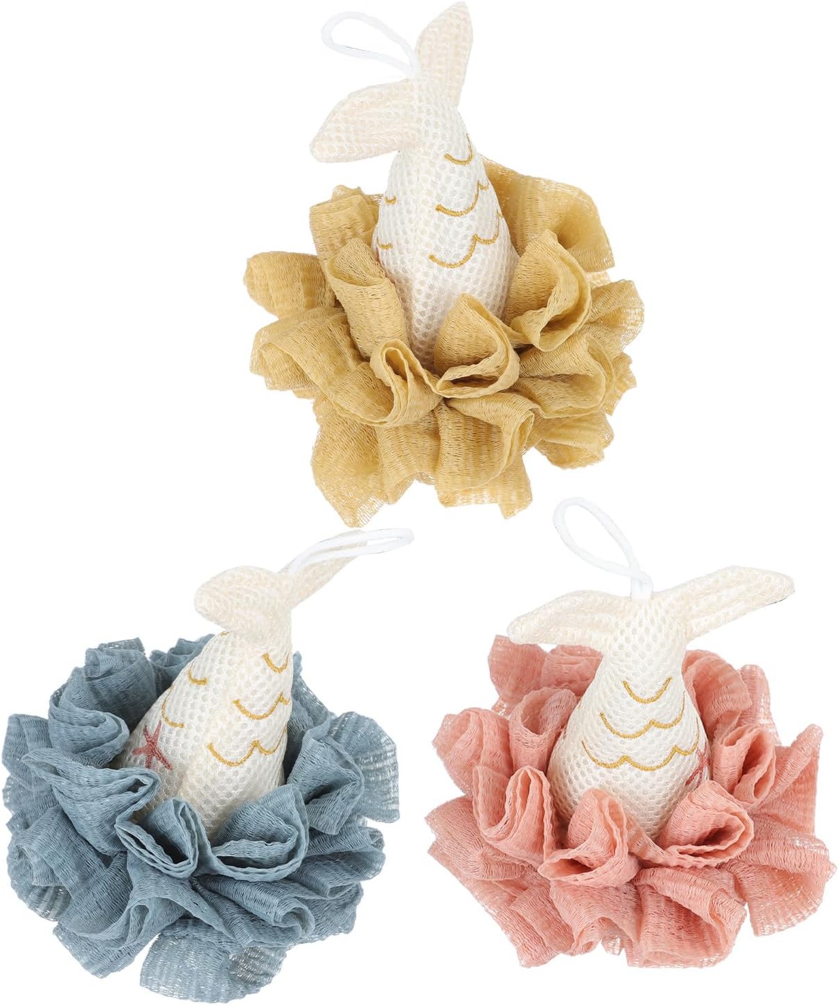 3pcs Mermaid Tail Bath Flowers Shower Scrubber Balls Candy Colors Bubble Bath Sponge Set for Personal Cleansing and Daily Shower Use Style