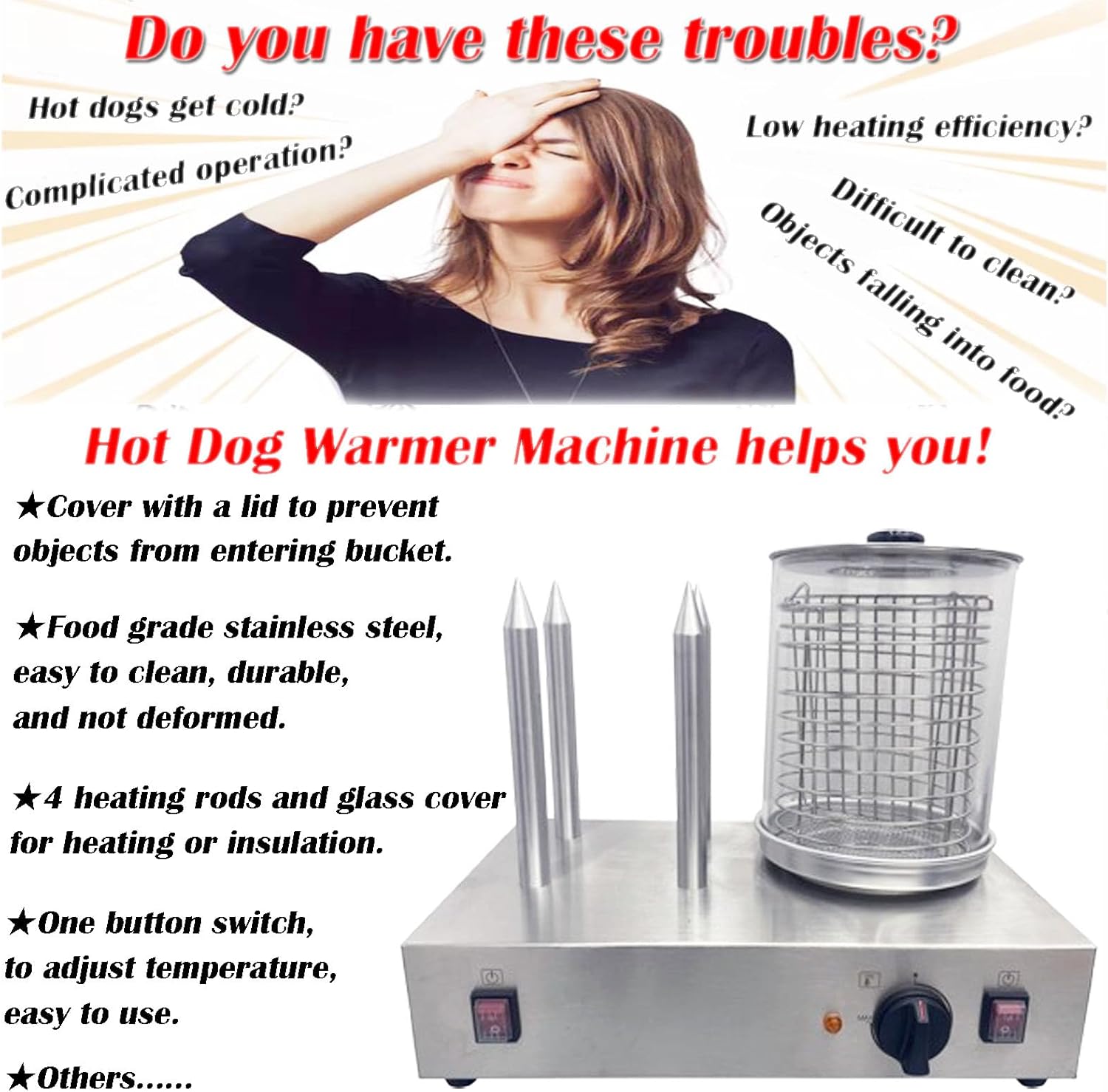 INTBUYING Hot Dog Steamer Machine Bun Sausages Warmer Cooker Adjustable Temperature 4 Heating Rod for Breakfast Shop Parties Restaurant 110V 650W