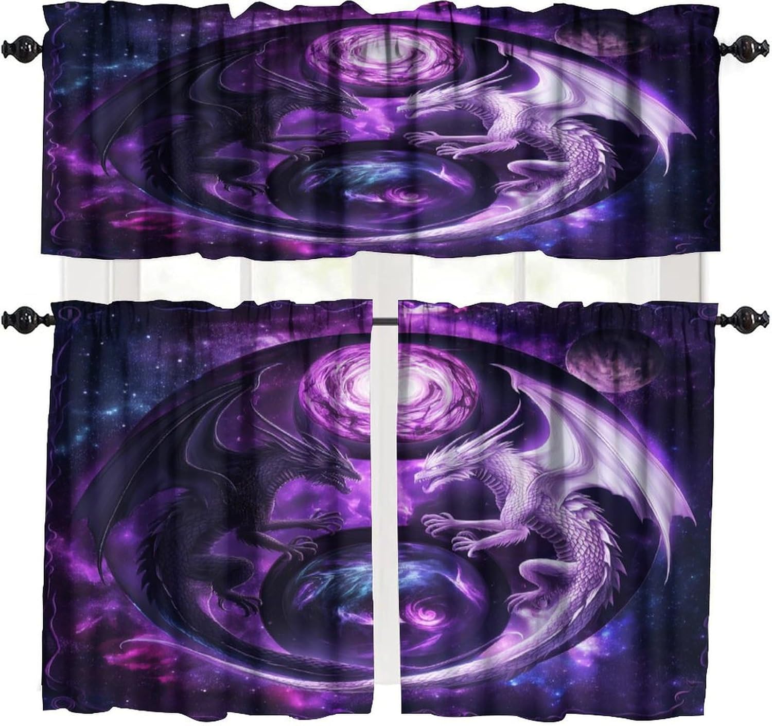 Fantasy Dragon Valance Curtain for Boys Mystic Magic Universe Starry Sky Yin Yang Black White Wings Flying Dragon Window Treatment Valances Curtains for Kids Living Room Bedroom 54x18In 1P/27x24In 2P