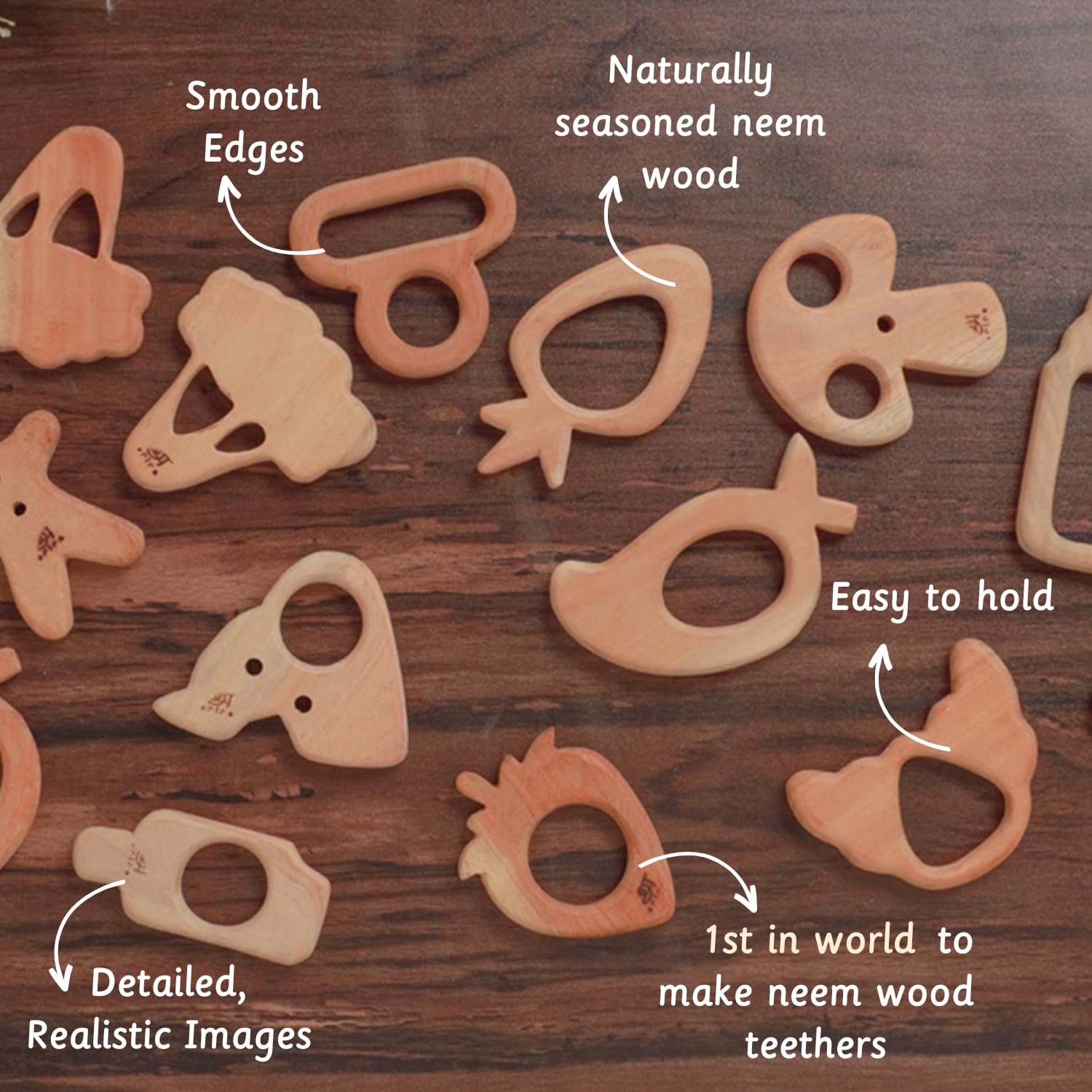 Ariro Wooden Teethers Shaped as Mango and Star for Baby Boy & Girl | Hand Crafted with Organic Neem Wood That Helps Boost Immunity & Aids in Digestion | Easy to Grasp & Chew - Image 4 thumbnail