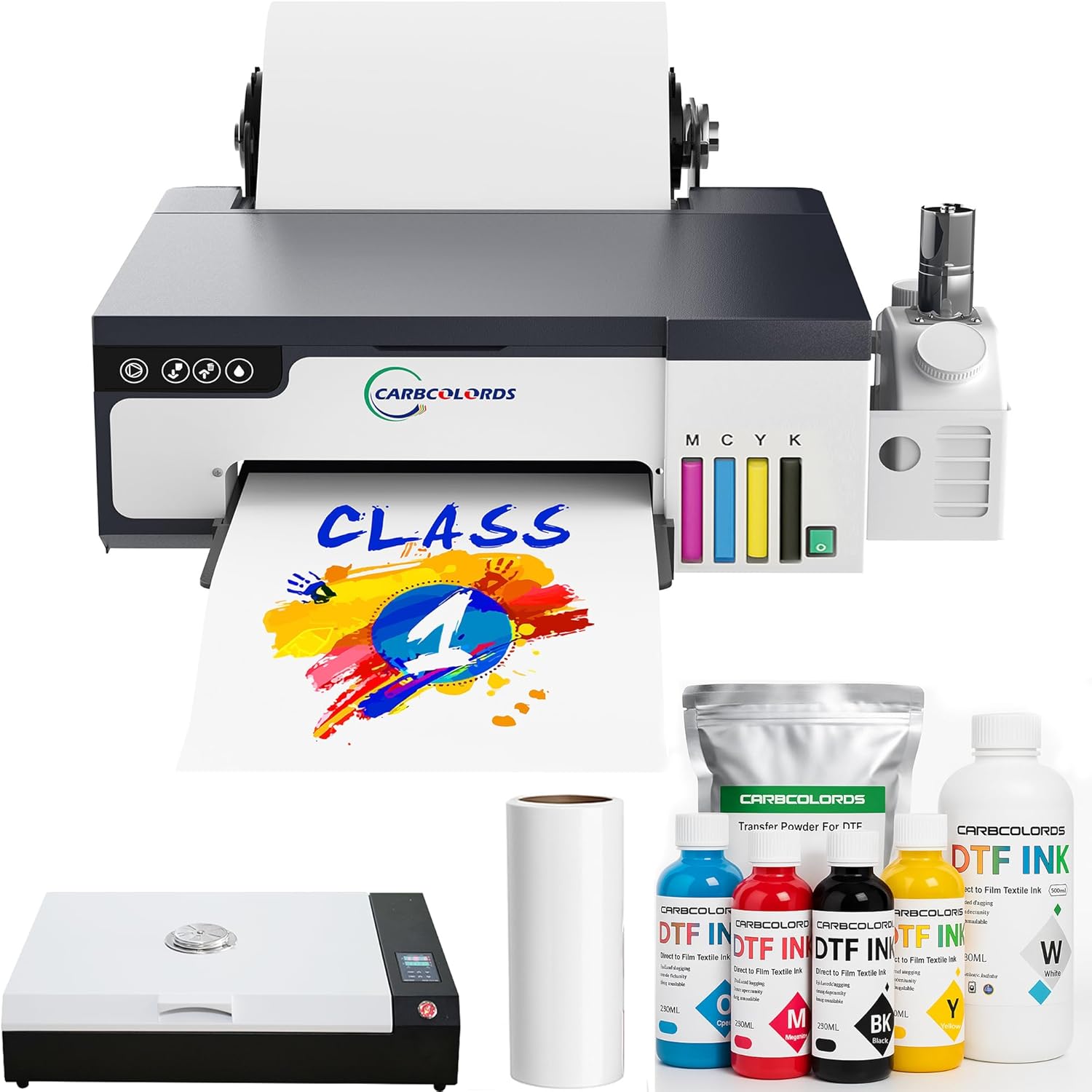 DTF Printer A4 High-Speed Transfer Machine with White Ink Mixing System and Roll Feeder for DIY T-Shirts(DTF Printer+6 * 250ml Ink+Roll Films+DTF Powder)