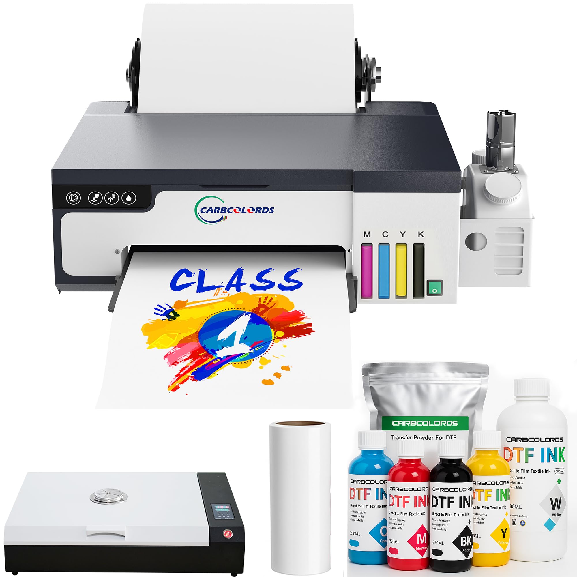 DTF Printer A4 High-Speed Transfer Machine with White Ink Mixing System and Roll Feeder for DIY T-Shirts (Oven+6 * 250ml Ink+Roll Films+ DTF Powder)