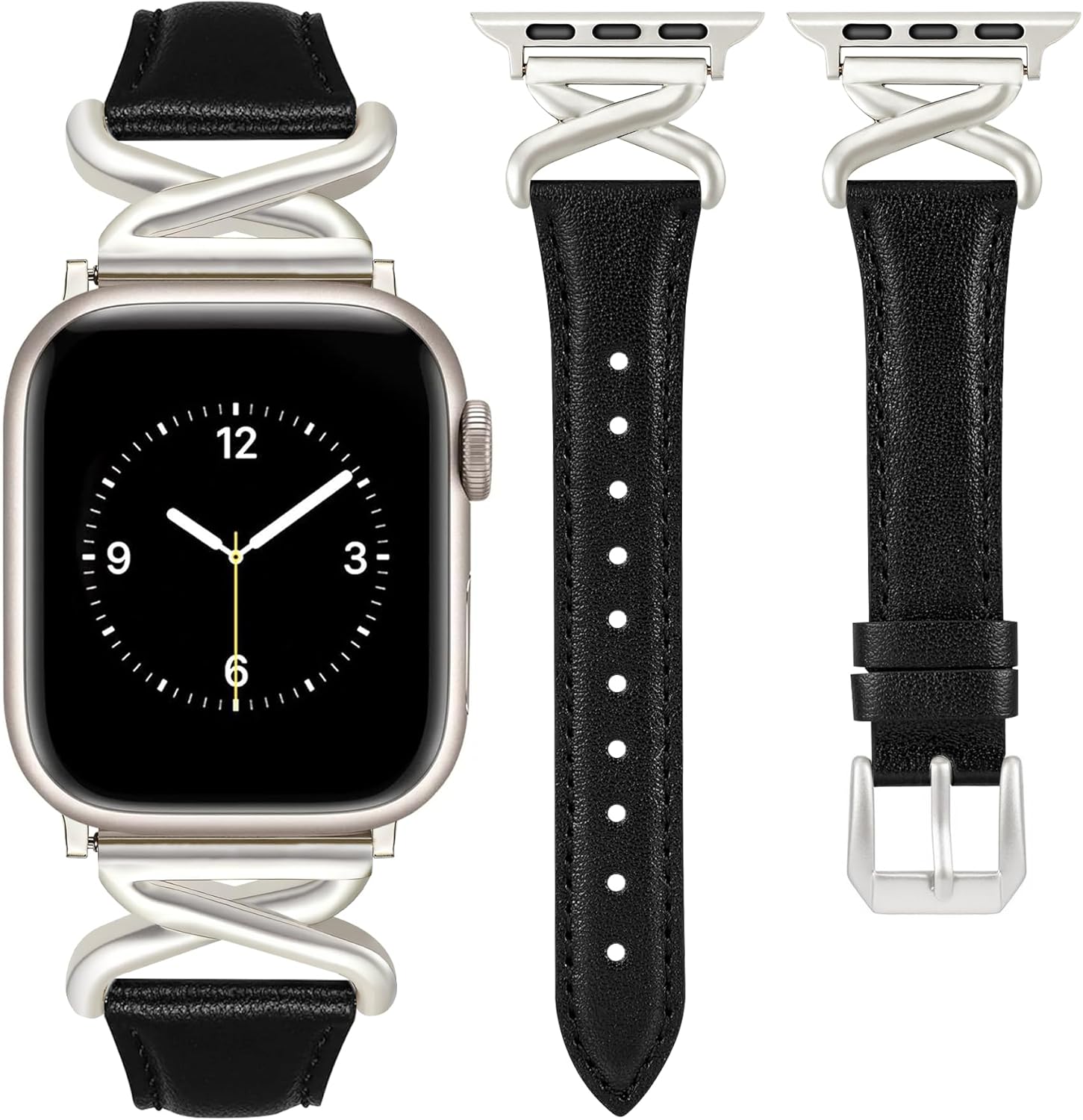 JR.DM Leather Bands Women Compatible with Apple Watch 40mm 38mm 44mm 45mm 41mm 42mm 46mm 49mm Dressy Slim Strap with Fashion X-Shaped Metal Crown for iWatch Series Ultra/SE/11/10/9/8/7/6/5/4/3/2/1 Black