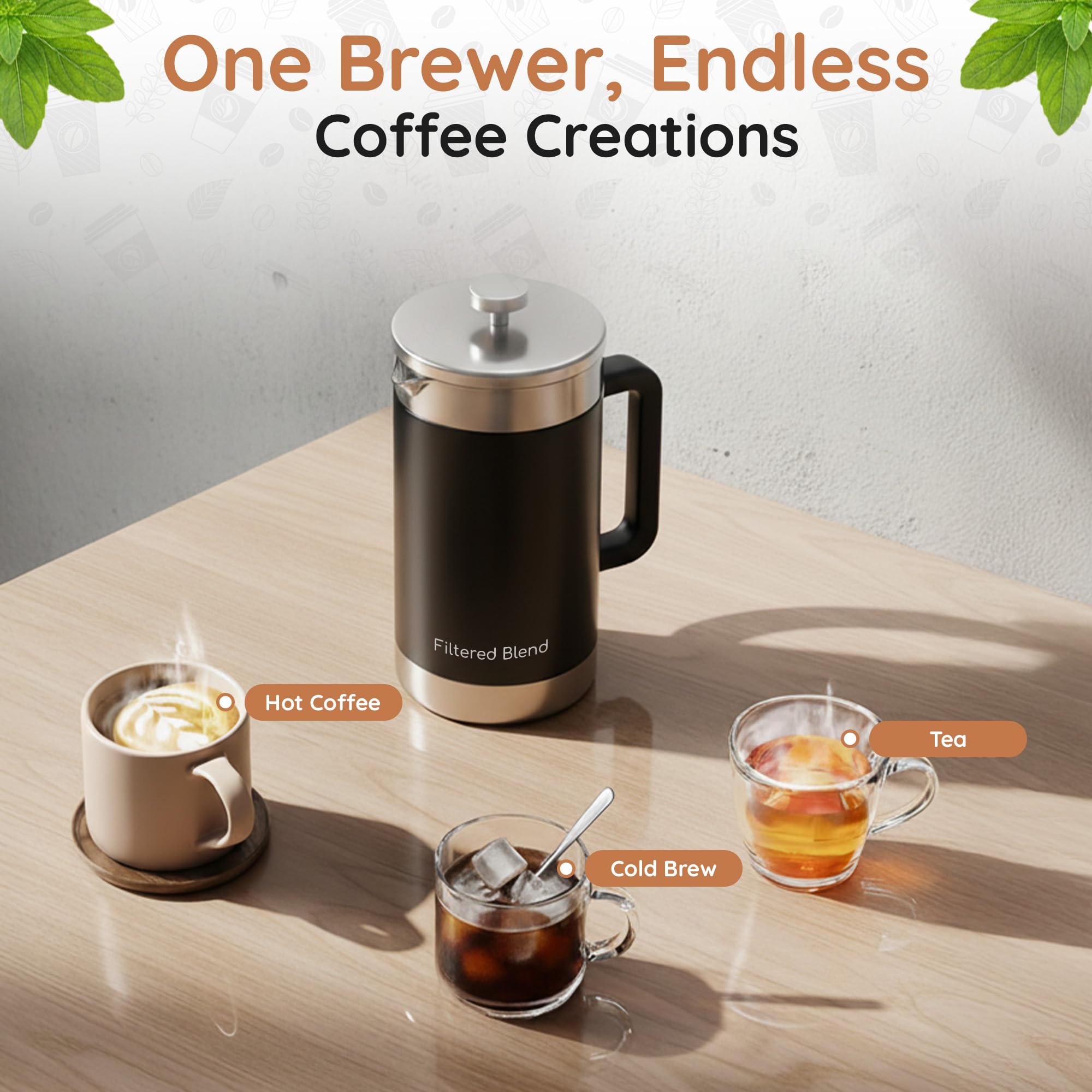 Filtered Blend 1.6L French Press Coffee Maker (Black) thumbnail 4