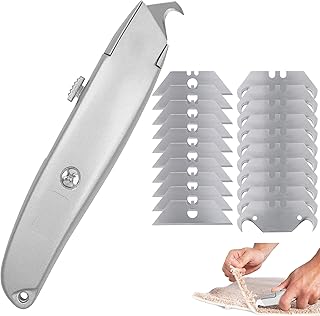 Cutter Professionnel Rétractable – Outil de Sécurité à Lame Interchangeable avec Verrouillage Automatique, 1 Couteau + 10 Lames Trapèze + 10 Lames Crocodile, Idéal Moquette Cartons Sols PVC, Argent
