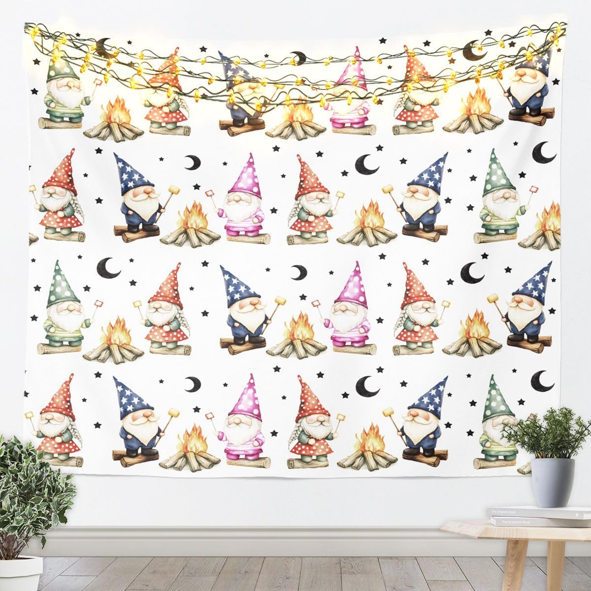 Erosebridal Happy Camping Tapestry 51x59 Pink Cute Gnome Camping Wall Tapestry Outdoor Camp Girly Camper Decor Tapestries Star Moon Campfire Wall Hanging