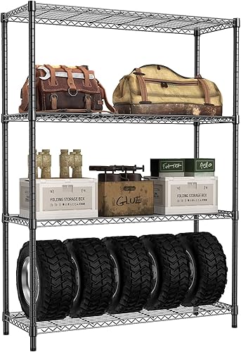 IZEUK Estantería negra de garaje de 1400 libras, estantes de almacenamiento anchos de 4 niveles, ajustable, estante de alambre de metal resistente,