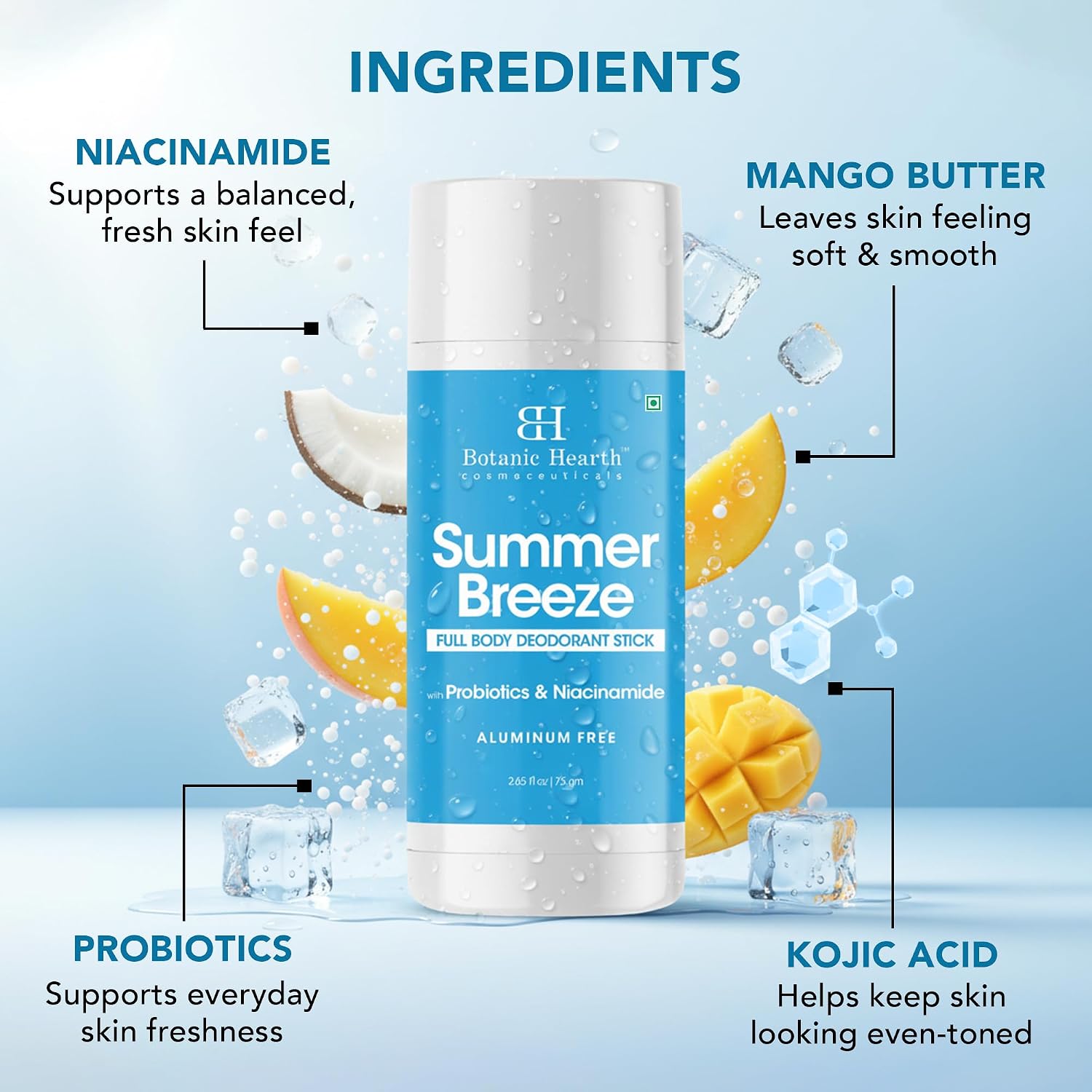 Botanic Hearth Summer Breeze Deodorant Women & Men, 2.65 oz | Aluminum Free Natural Deodorant with Probiotics, Niacinamide & Shea Butter | Fresh Odor Protection