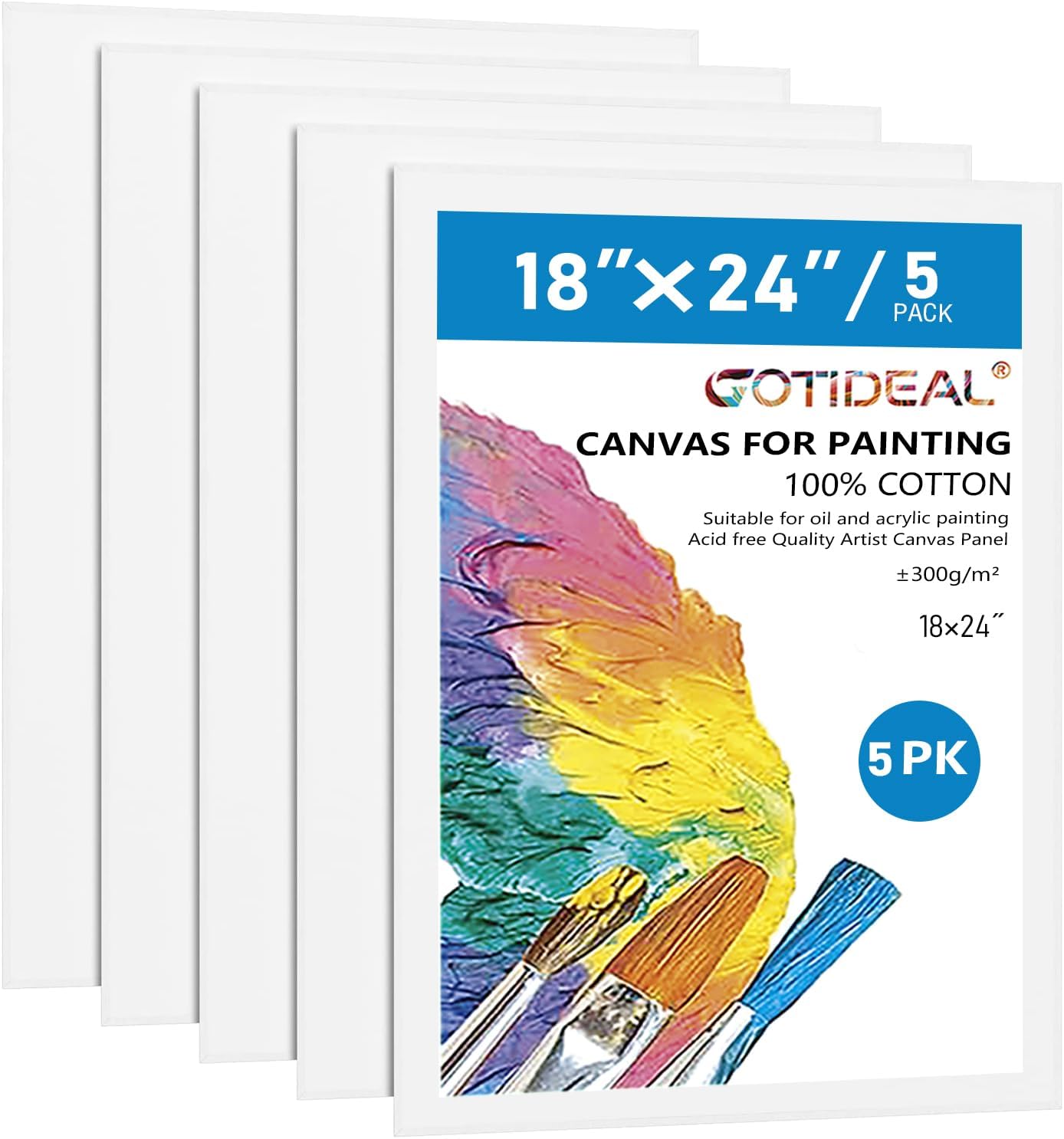 GOTIDEAL Canvases for Painting, 18x24 inch of 5 Pack, Professional Primed White Blank Flat Canvas - 100% Cotton Artist Canvas Boards for Acrylics Painting, Oil,Tempera 18"x24"