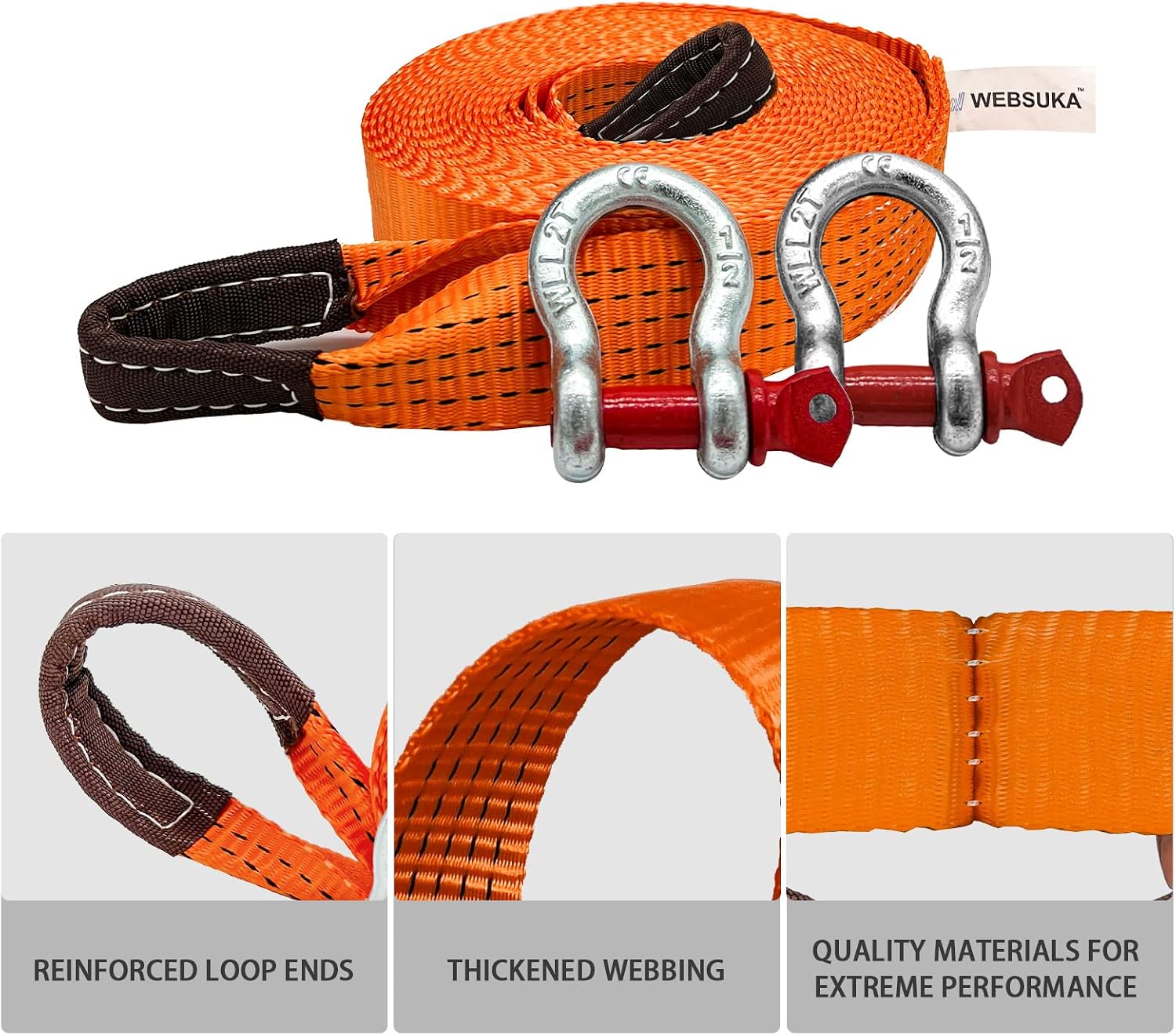 Heavy Duty Tow Straps Recovery Kit, 2" x 16ft Recovery Strap with 12000 lbs Break Strength, Heavy Duty Tow Rope D-Ring Shackles for Towing Vehicles, Boats(Orange)
