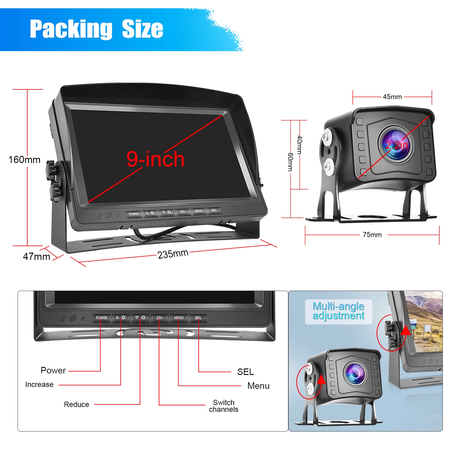 CAMECHO Cámara Marcha Atras Kit y 9 Pulgadas LCD Monitor+2* AHD Camara Trasera Coche con DVR Grabación Video, Impermeable 18IR Visión Nocturna+Cable de 2 x 10 m/12V-35V para Camion/Bus/Remolques/RV