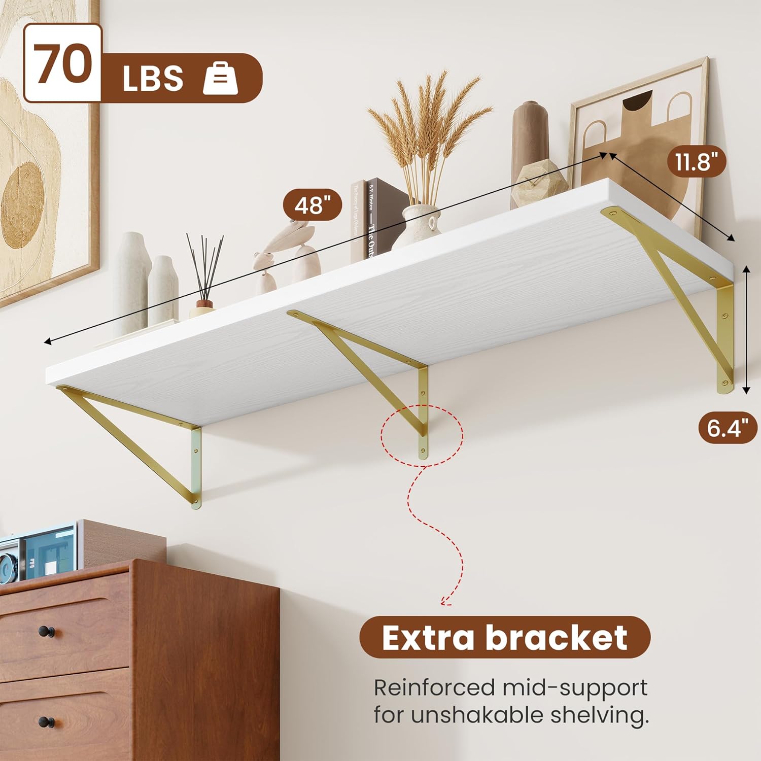 Deep Wall Shelves 48"W x 12"D Engineered Wood Floating Shelves for Wall, Sturdy Metal Bracket(Gold) Bookshelves Home Decor Storage for Living Room Bedroom Bathroom Kitchen, Set of 2, White Finish