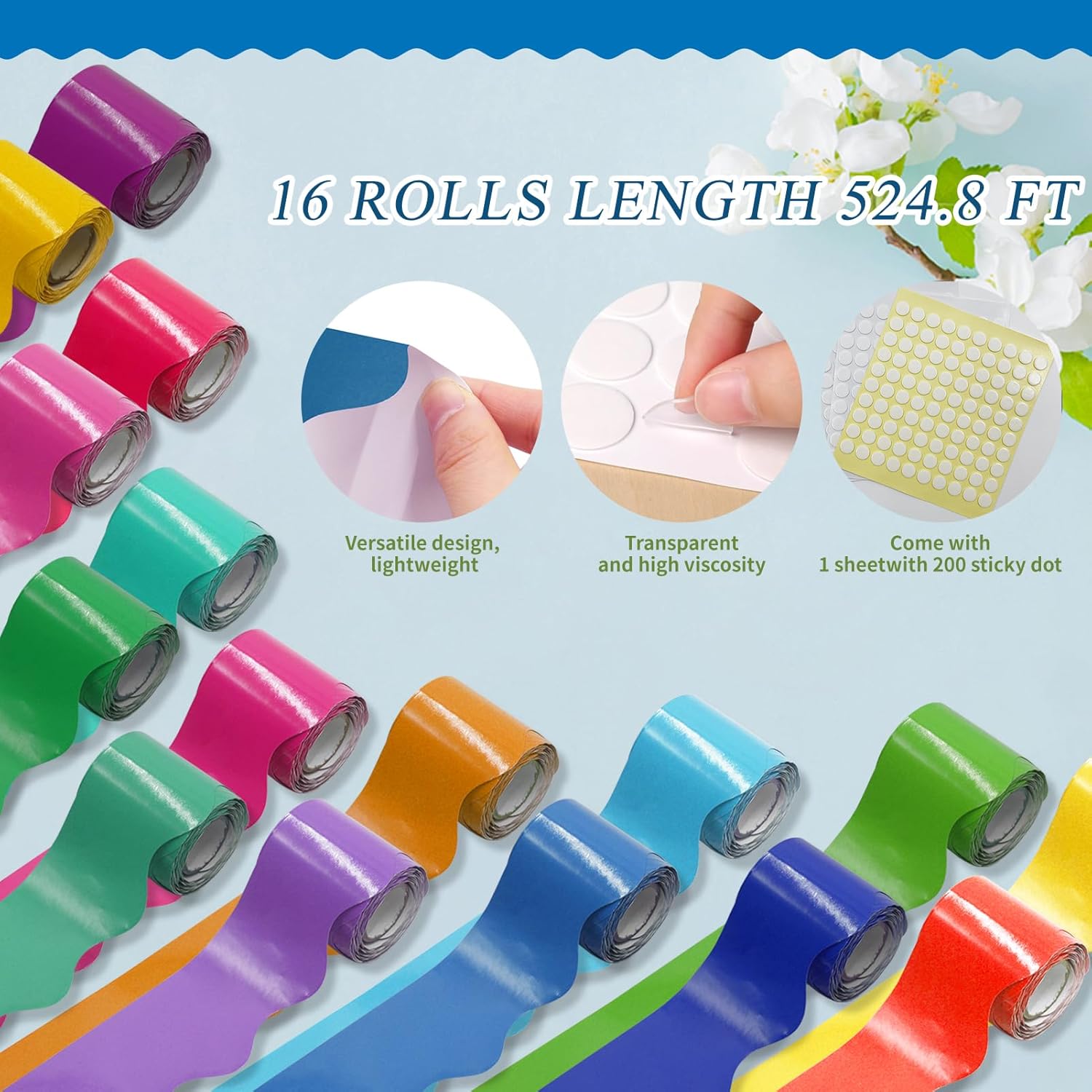 16 Rolls 524.8 Ft Colorful Bulletin Board Borders Set - Bright Scalloped Trim for Classroom Decor, Office, School Decorations - Teacher Borders for Bulletin Boards, Wall & Theme Supplie