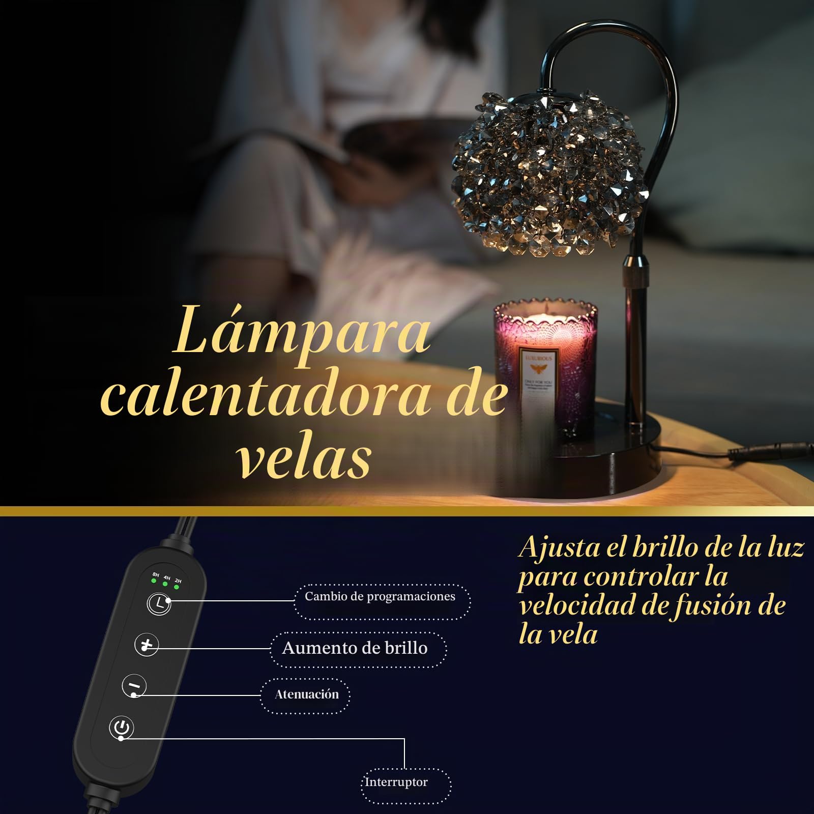 Genérico Lámpara calientavelas de lujo con temporizador y brillo regulable, pantalla de cristal de gemas y base premium. Ajustable para derretir cera, ideal para decoración del hogar(Negro)