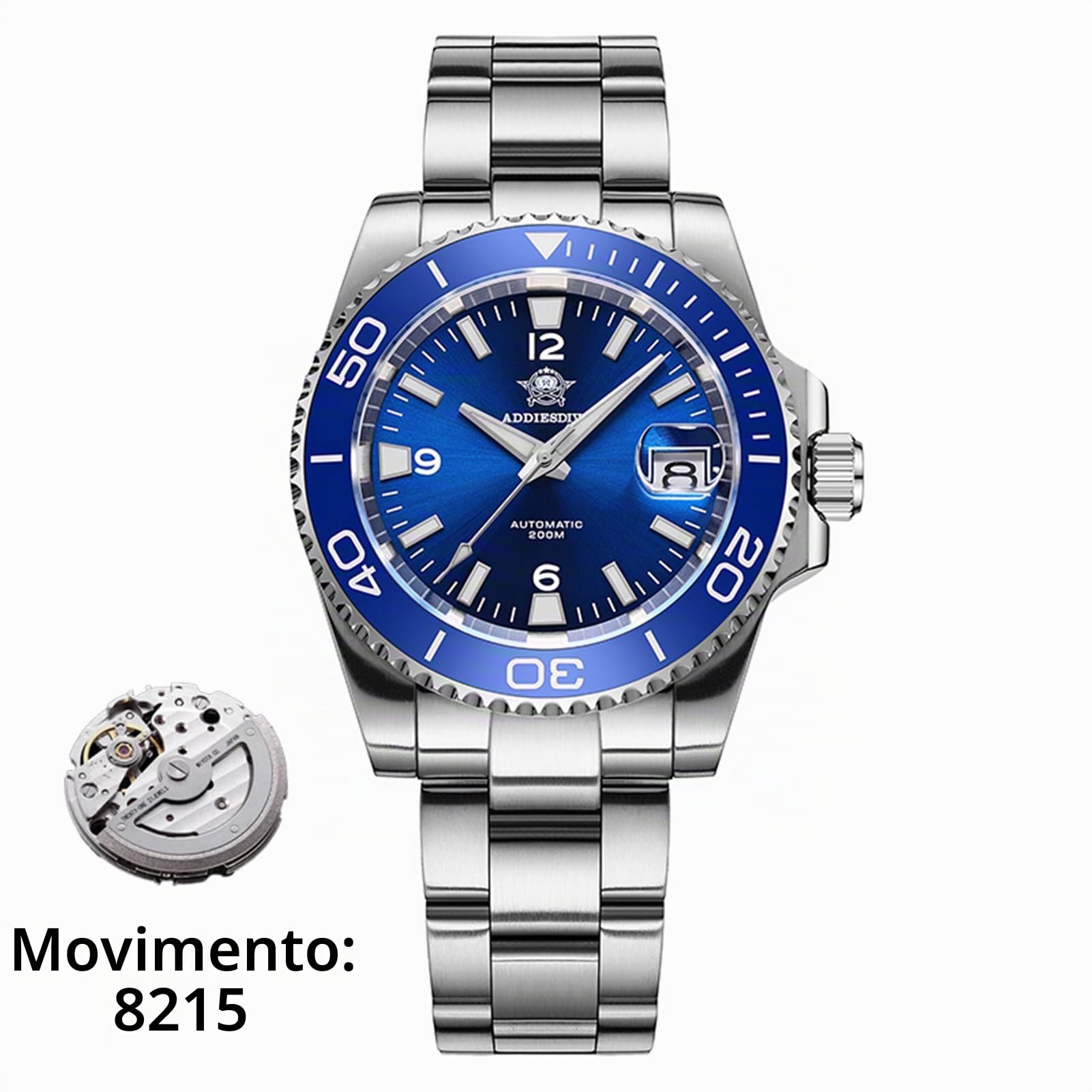 ADDIESDIVE Orologio subacqueo automatico da uomo, NH35A/8215, movimento zaffiro, lunetta girevole, luminoso, impermeabile fino a 200 m, facile da leggere, con numeri grandi, orologio subacqueo da uomo