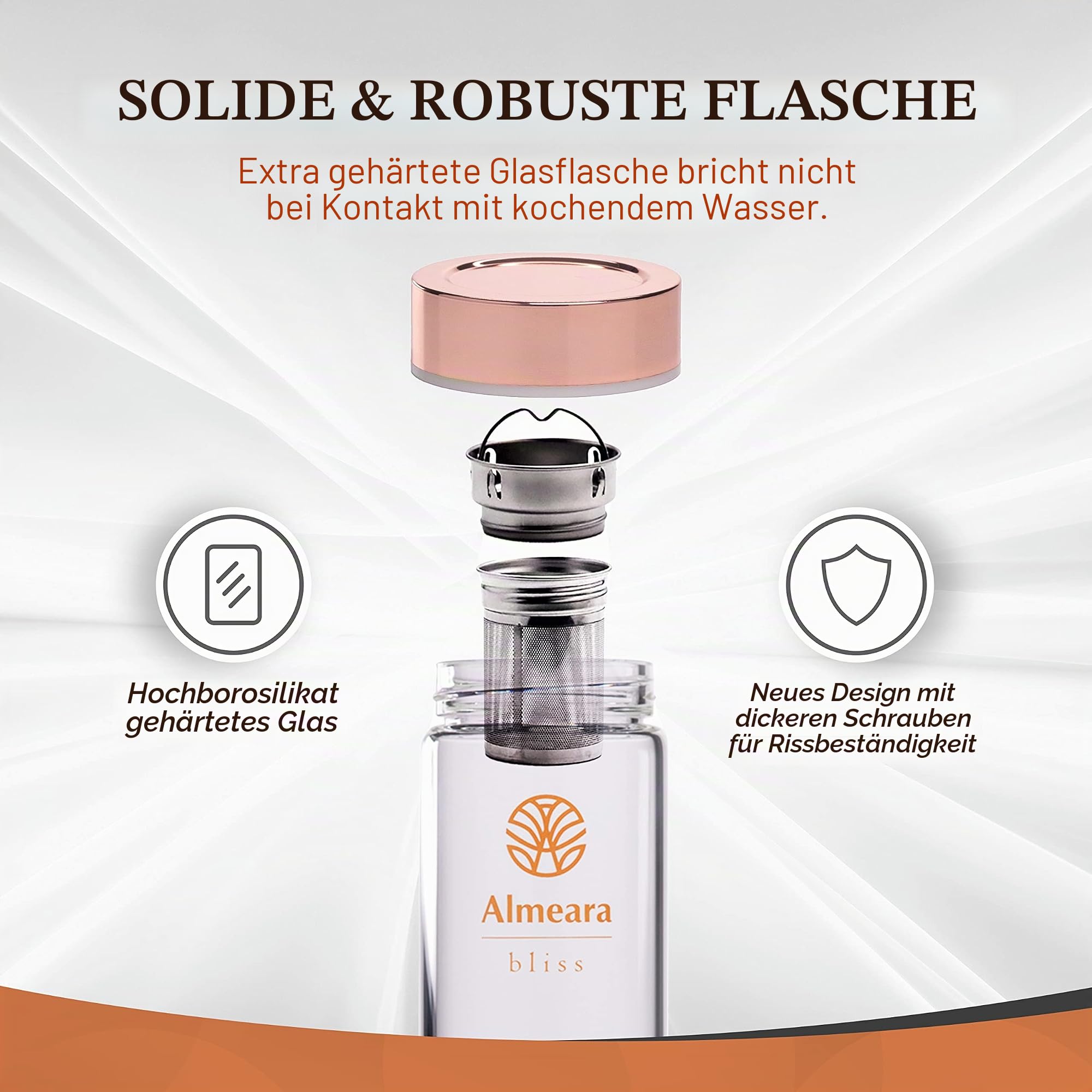 Almeara Kristall-Wasserflasche, Amethyst, Rosenquarz und klare Quarzkristalle, authentische Edelsteine, Tee-Ei für lose Blätter, mit Edelstein-Elixier infundiert, Wasserflasche aus gehärtetem Glas,