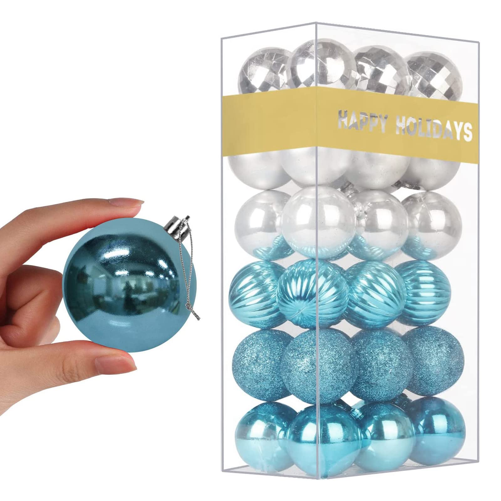 Lot de 36 boules de Noël incassables à suspendre pour anniversaire, Halloween, vacances, mariage (6,3 cm, bleu layette/argenté)
