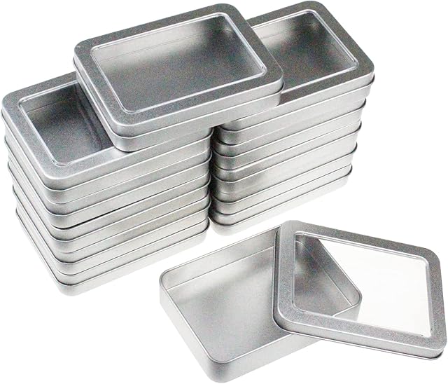 Goodma 12 Pieces Rectangular Empty Metal Tins Home Storage Containers Organizer Mini Box with Clear Window Lid, 115 x 85 x 22 mm (Silver)