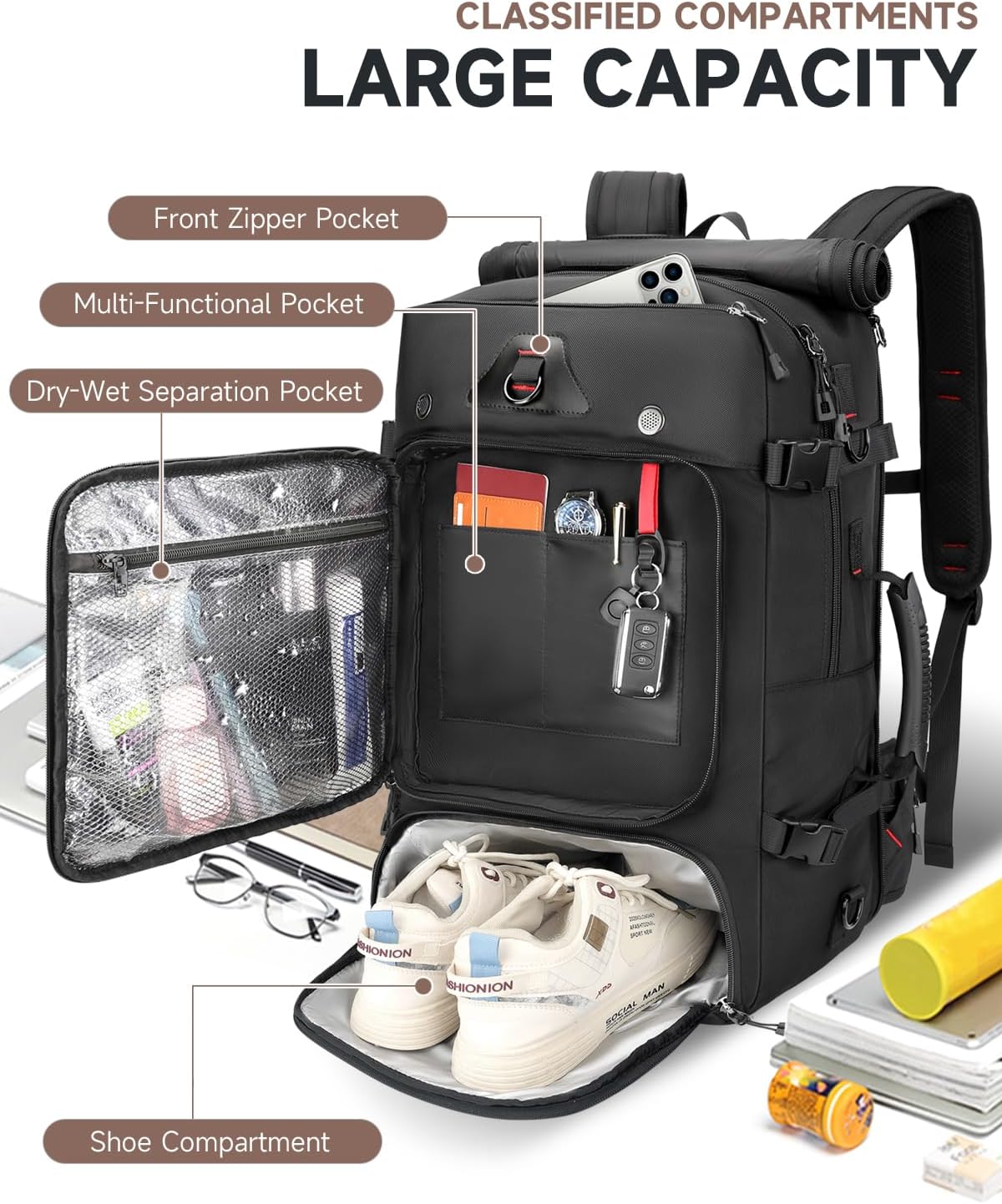 Travel backpack for men,60L Extra Large Carry on Backpack Durable Convertible Duffle Bag with Shoe Compartment Fit for 17 Inch Laptop for travel, camping,Weekender Hiking