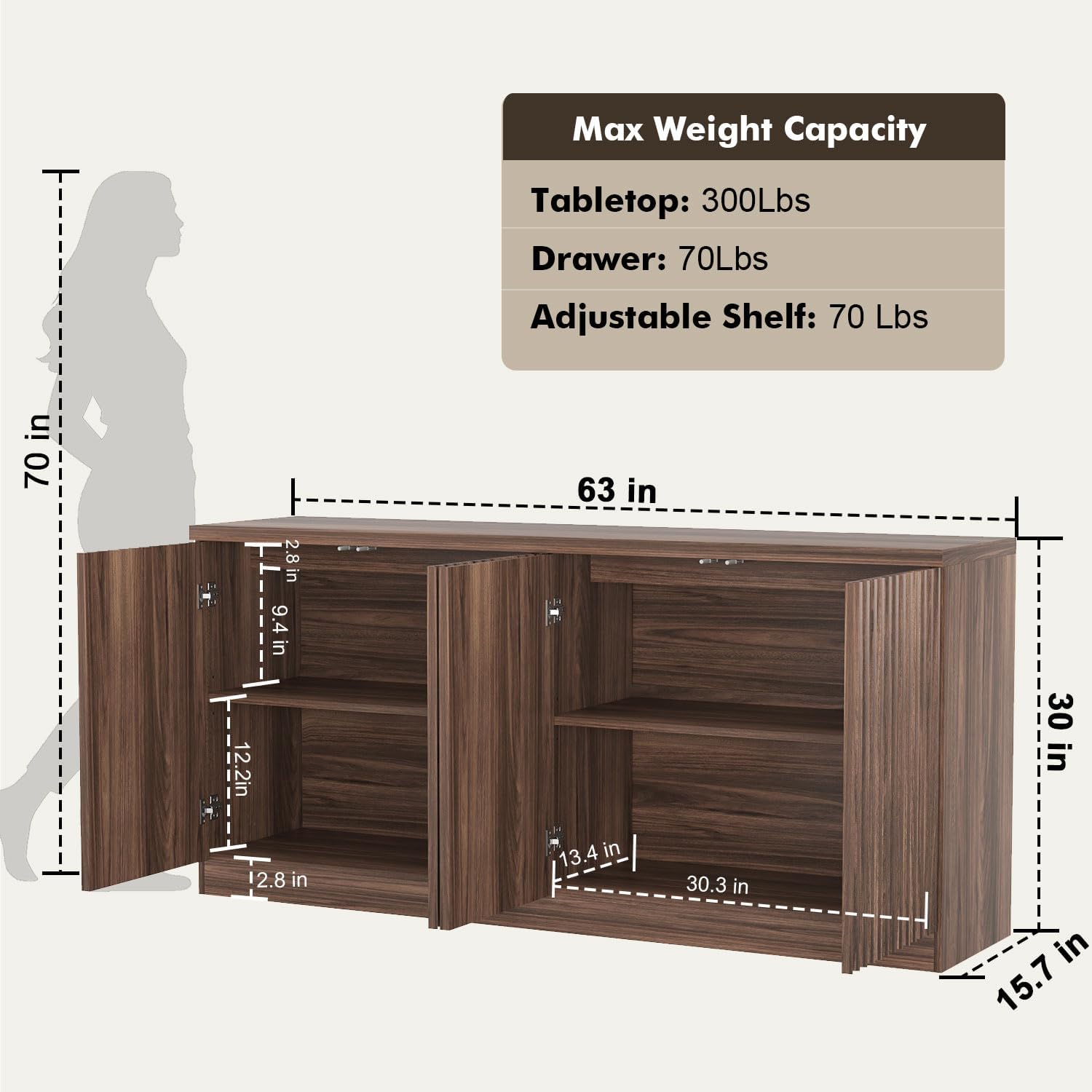63" Fluted Buffet Cabinet with Storage, 4-Door Floor-Standing Kitchen Sideboard with Adjustable Shelves, Low Profile Long Media Console Table for Living Room Dining Room Entryway, Walnut
