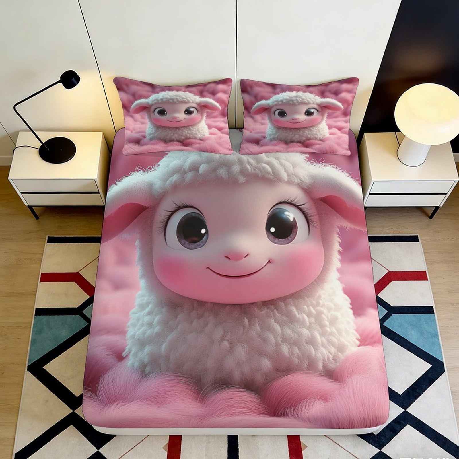 3D Printed Cute Sheep Fitted Sheet Microfiber Pink Cartoon Lamb Bed Cover for Bedroom Dorm Mattress Protection Decor 90x200x25cm