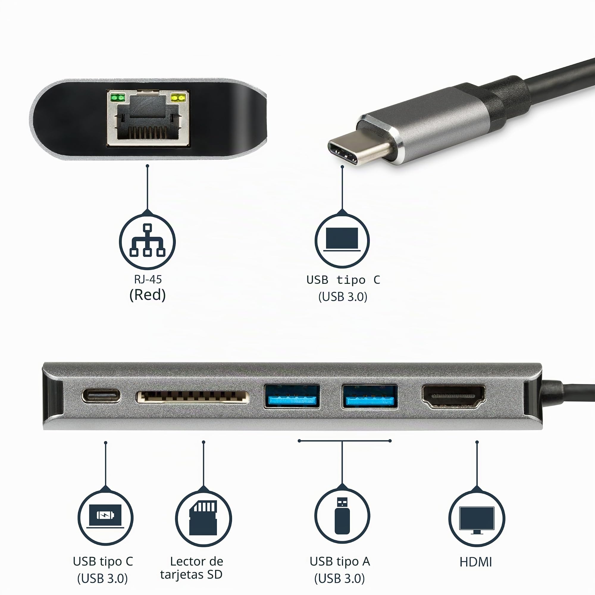 StarTech Mini Dock de Viaje USB-C 6 en 1 HDMI 4K, 60W PD, SD, GbE, 2x USB-A | Compatible con Thunderbolt 3, MacBook Air y Pro, Dell y HP, Windows, macOS y Chrome OS