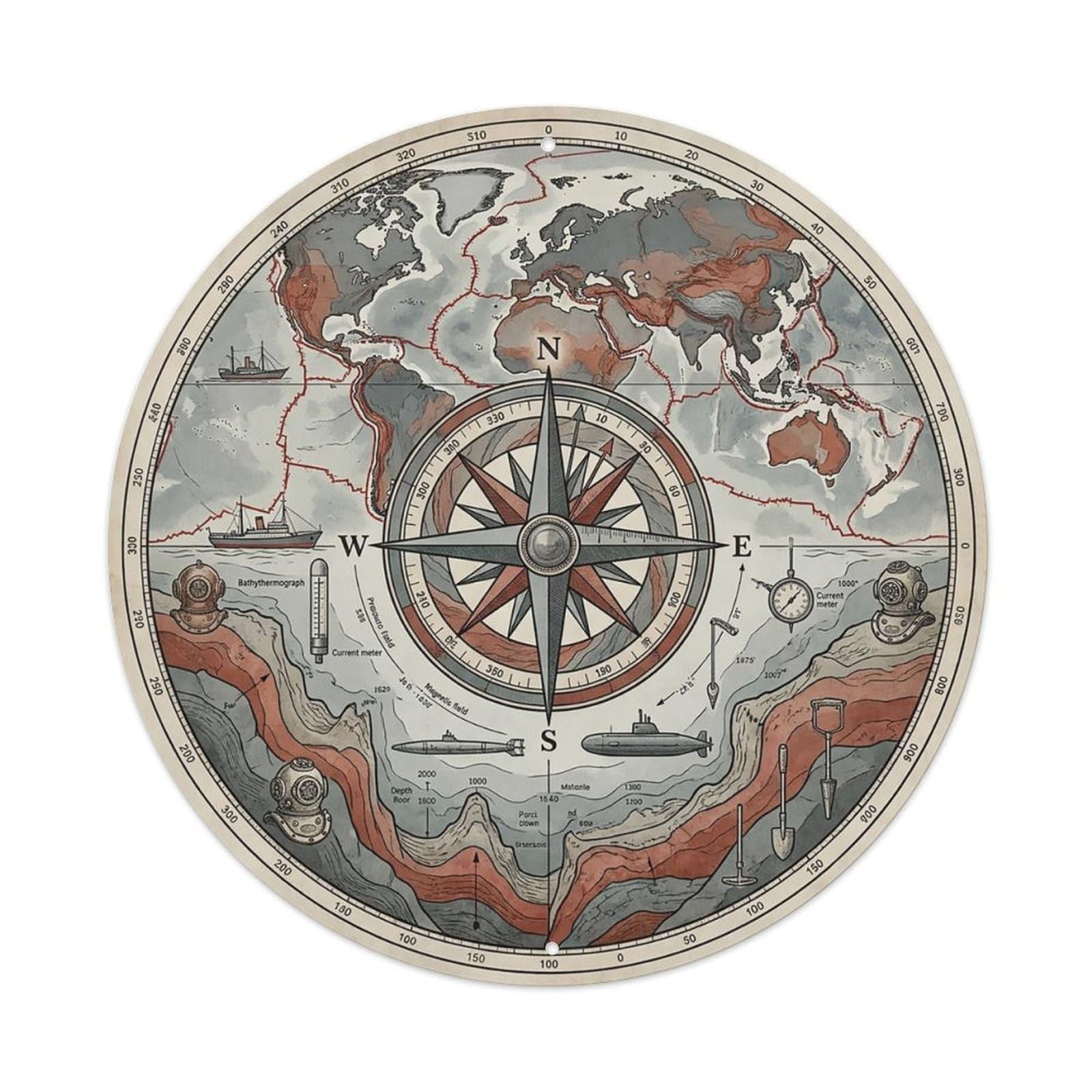 Vintage Nautical Compass World Map Continental Drift Metal Tin Sign