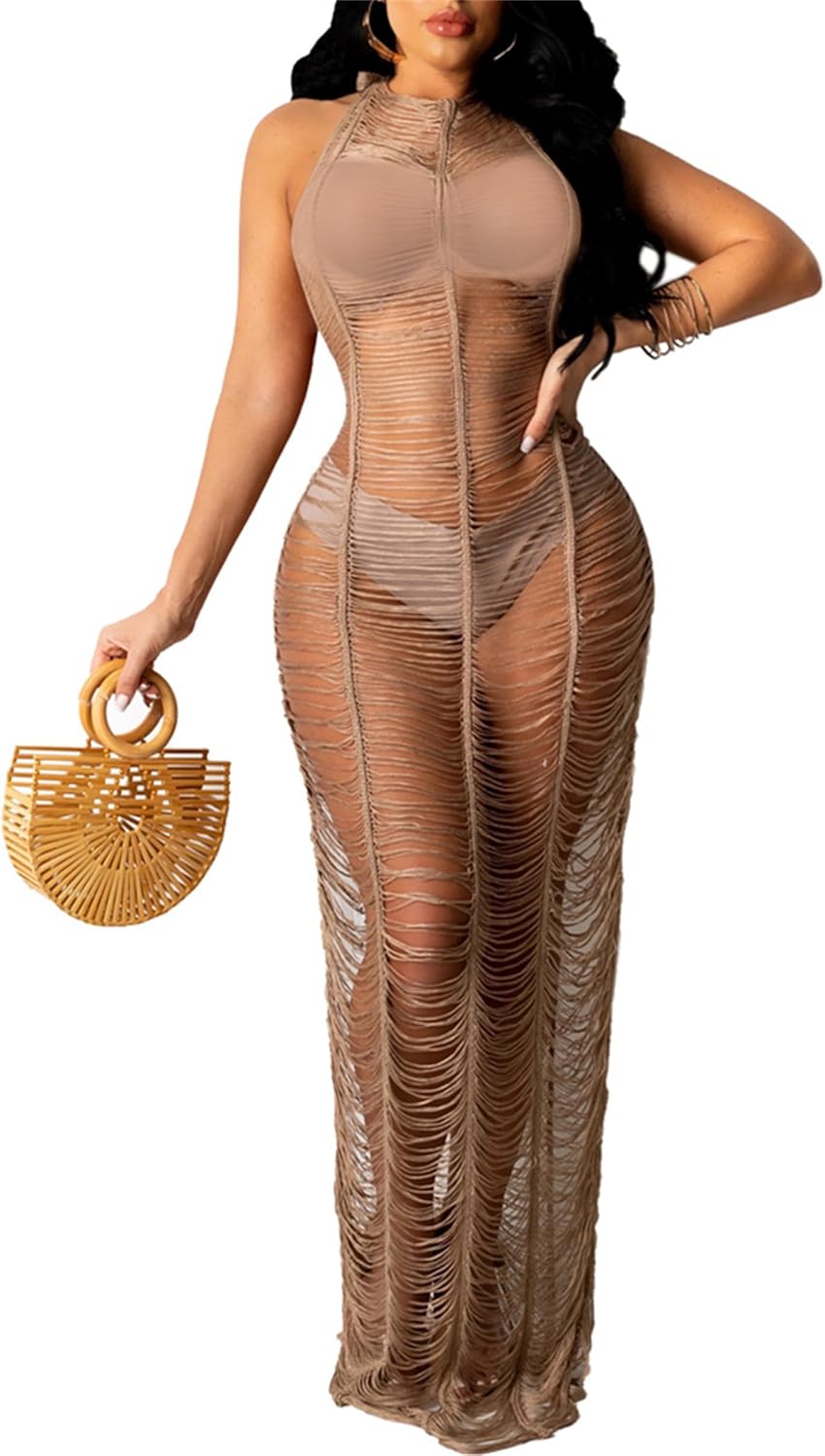 Women Sexy Crochet Swimsuit Cover Up Halter V Neck Backless See Through Long Maxi Dress Summer Beach Bikini Cover Ups