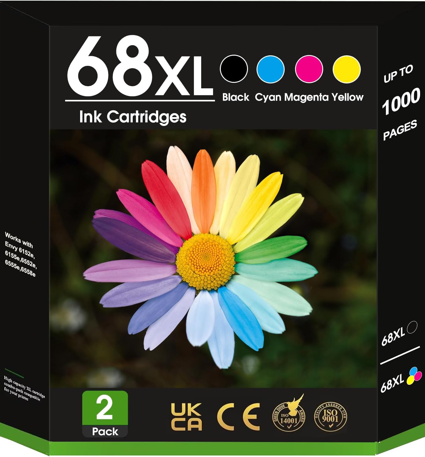 68XL 68e Ink Cartridges High Yield with Chip 2-Pack Black Tri-Color Replacement for HP 68e Ink Compatible with HP Envy 6152e 6155e 6552e 6555e 6558e Printer 6100e 6500e All-in-One Inkjet Copy 6L6S2TN