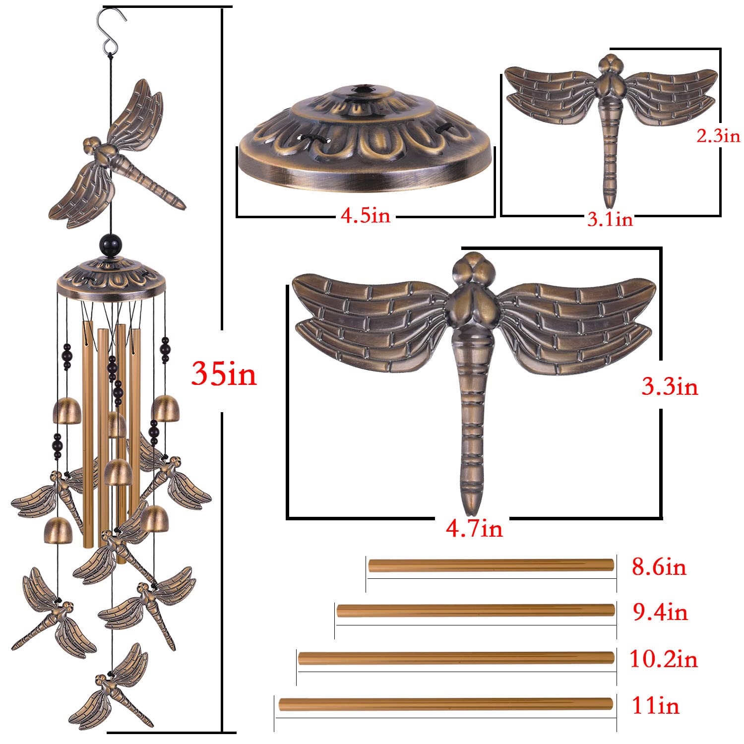 Solawindchime Carillon à vent en forme de libellule en bronze - Cadeau pour femme - Pour la maison, le jardin, la décoration intérieure et extérieure