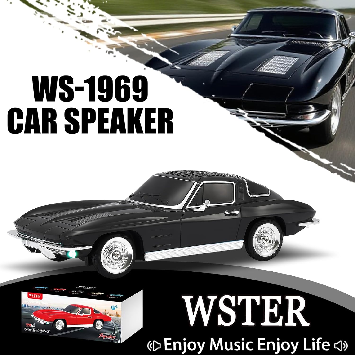 WSTER WS-1969 Retro Sports Car Bluetooth Replica Speaker – Portable Wireless Model with HD Sound, TWS Stereo Pairing, FM Radio, USB/TF Playback, LED Headlights & Taillights, Built-in Mic (Black)