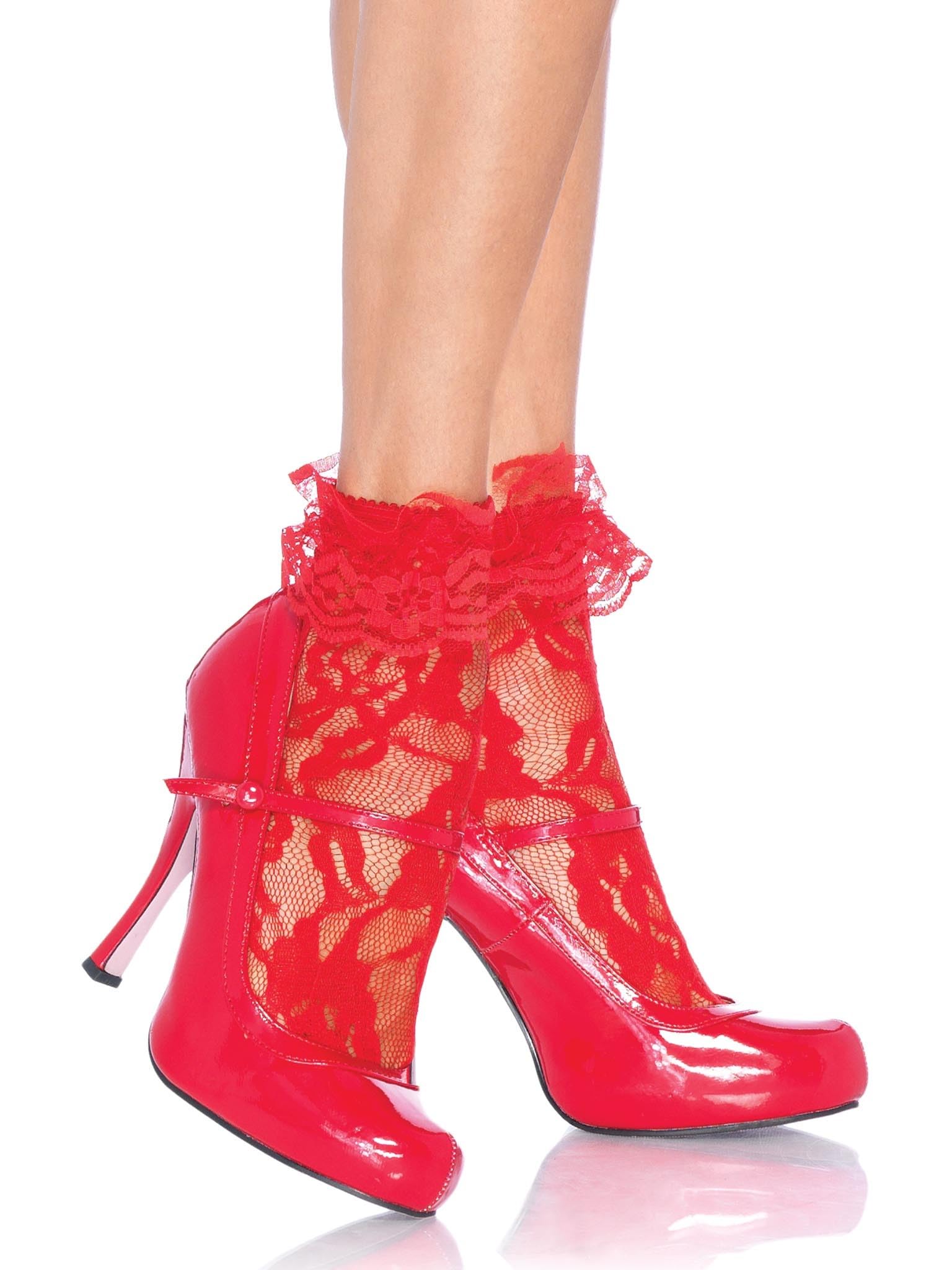 Leg Avenue Women's Ruffle Cuff Lace Anklet Socks: Red