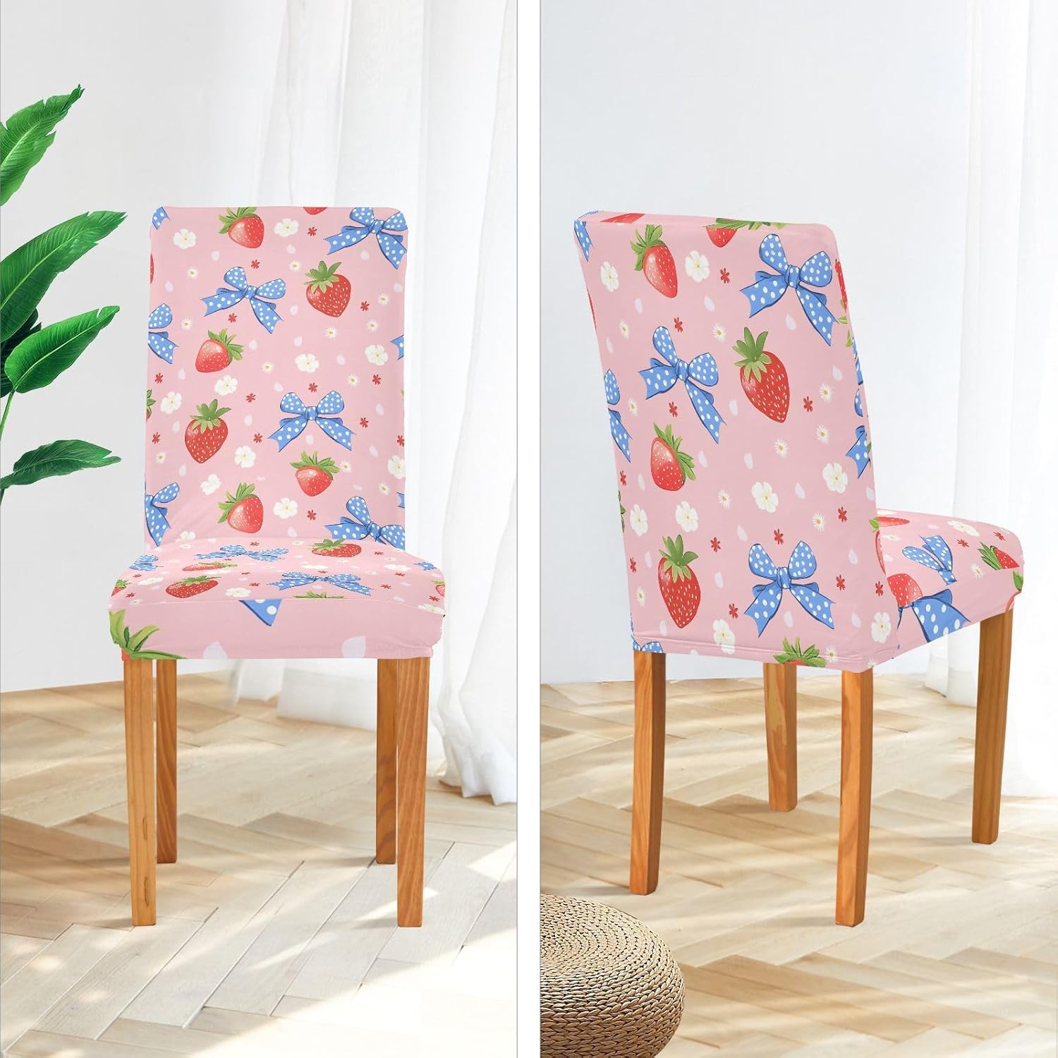 ALAZA Chair Covers for Dining Room, Strawberry Blue Bow Pattern Stretch Chair Cover Sets Chair Protector Removable Washable for Ktichen Restaurant Hotel