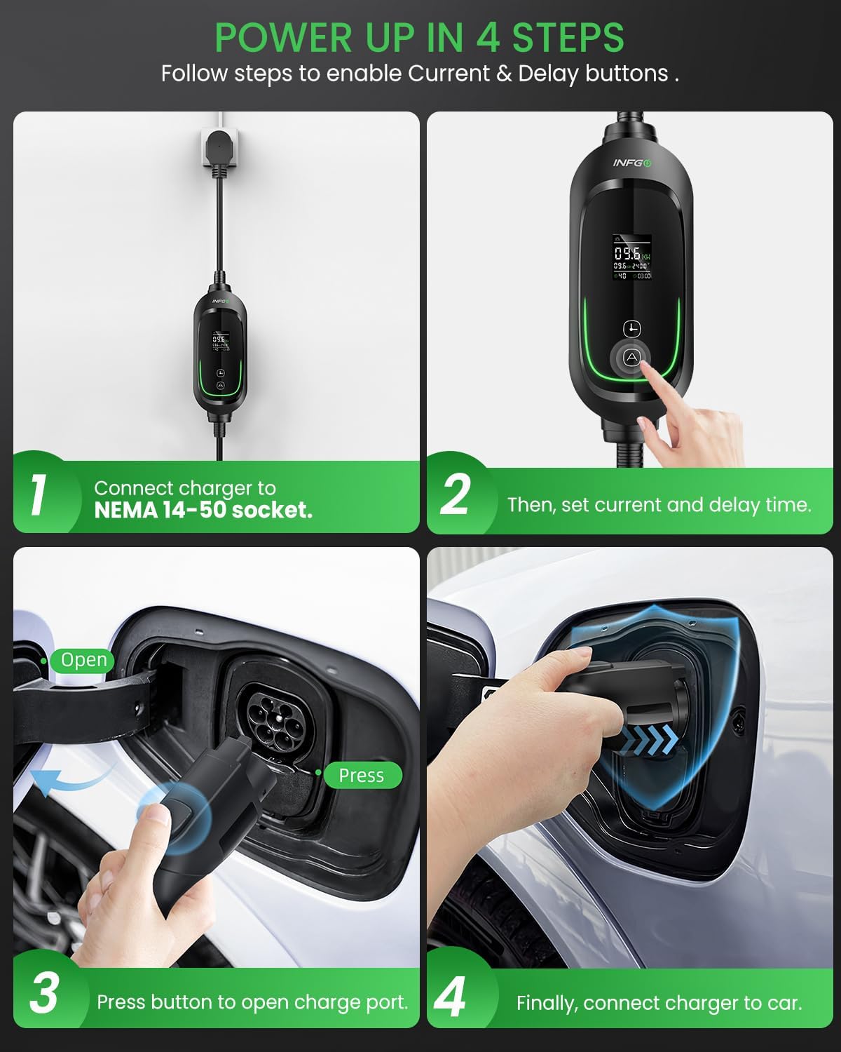 Level 2 EV Charger 40Amp, Adjustable Current & Timing Delay, 240V, 9.6kW, NEMA 14-50 Plug, Portable Home Electric Vehicle Charging Station with 25FT EV Charging Cable for J1772 BEVs/PHEVs