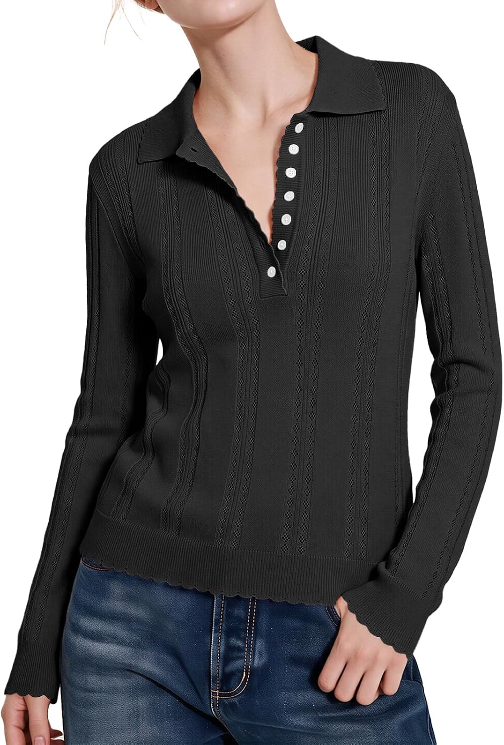 Outfeel Women's Pointelle Knit Polo Shirt Long Sleeve Button Henley Top