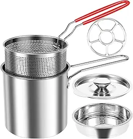 Panela de fritadeira com cesta, frigideira de aço inoxidável com cesta de filtro e alça, cesta de fritadeira de peru sem revestimento, panela de fritura funda para fritar frango, peixe, camarão e