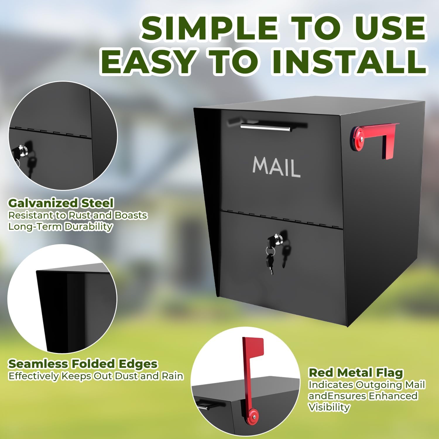 XL Post-Mount Mailbox, Weather Resistant, Large Outdoor Mailboxes, Galvanized Steel Heavy Duty Mailbox, Easy to Install, Flag Included, Black