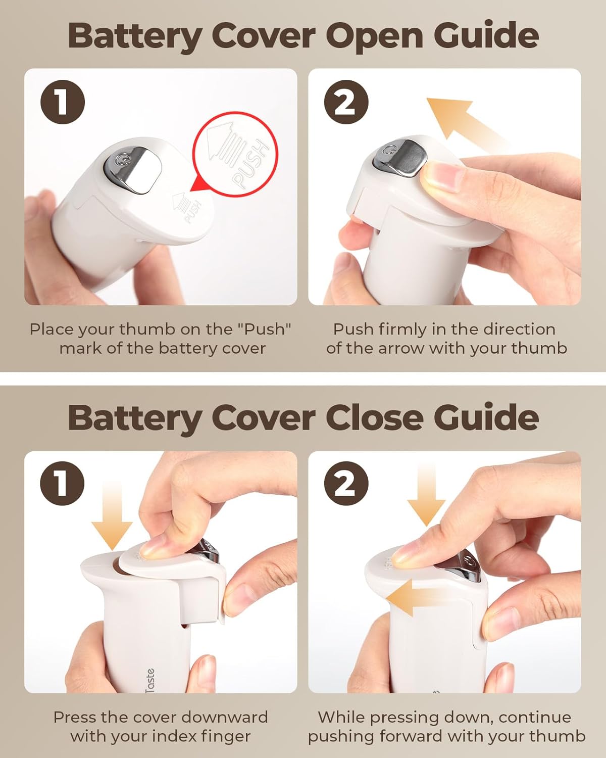 Diagram showing how to open and close the battery cover of the milk frother