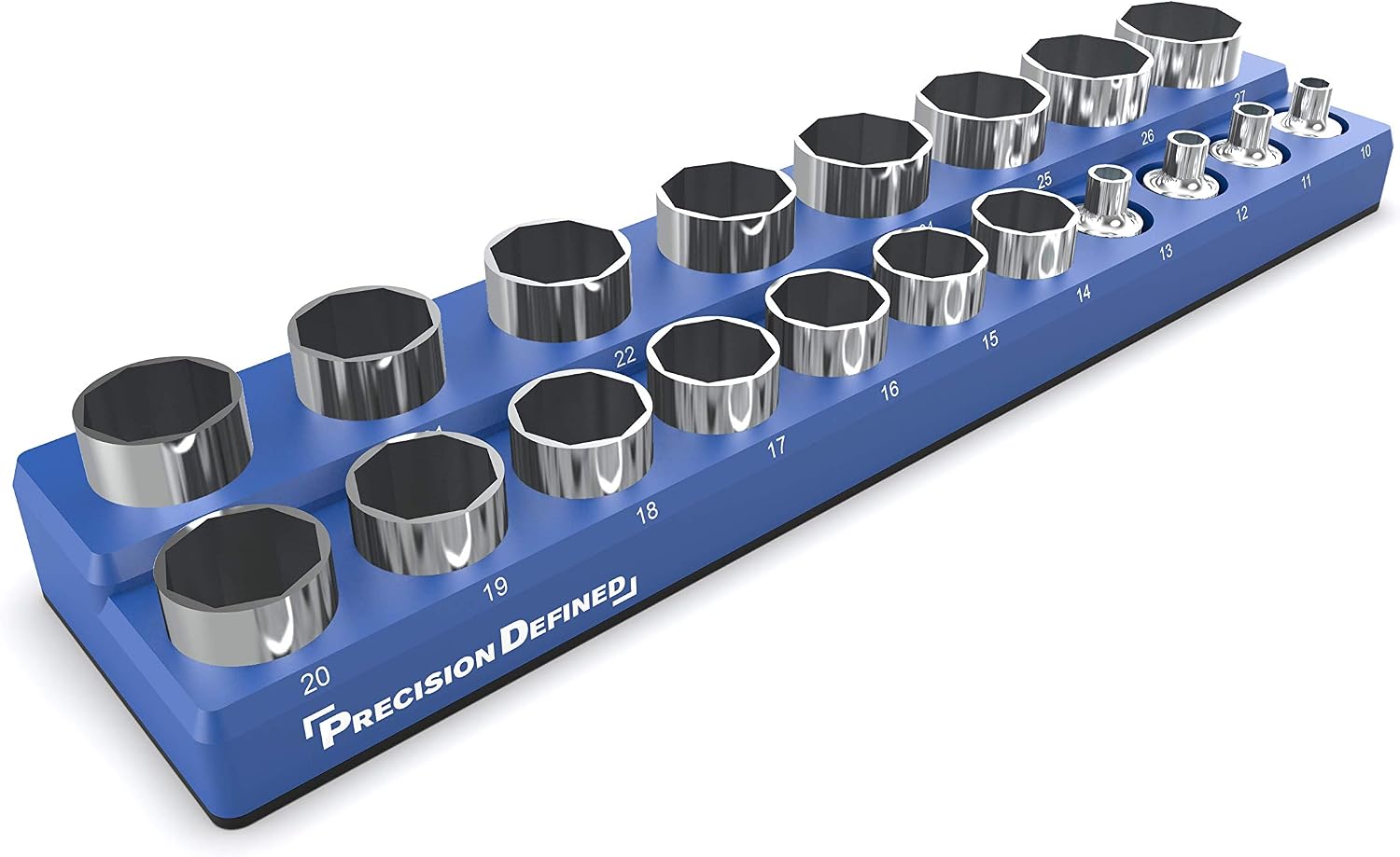 Precision Defined Magnetic Tool Socket Organizer Holder, METRIC, 19 Sockets (1/2-Inch Drive (Metric), Blue)