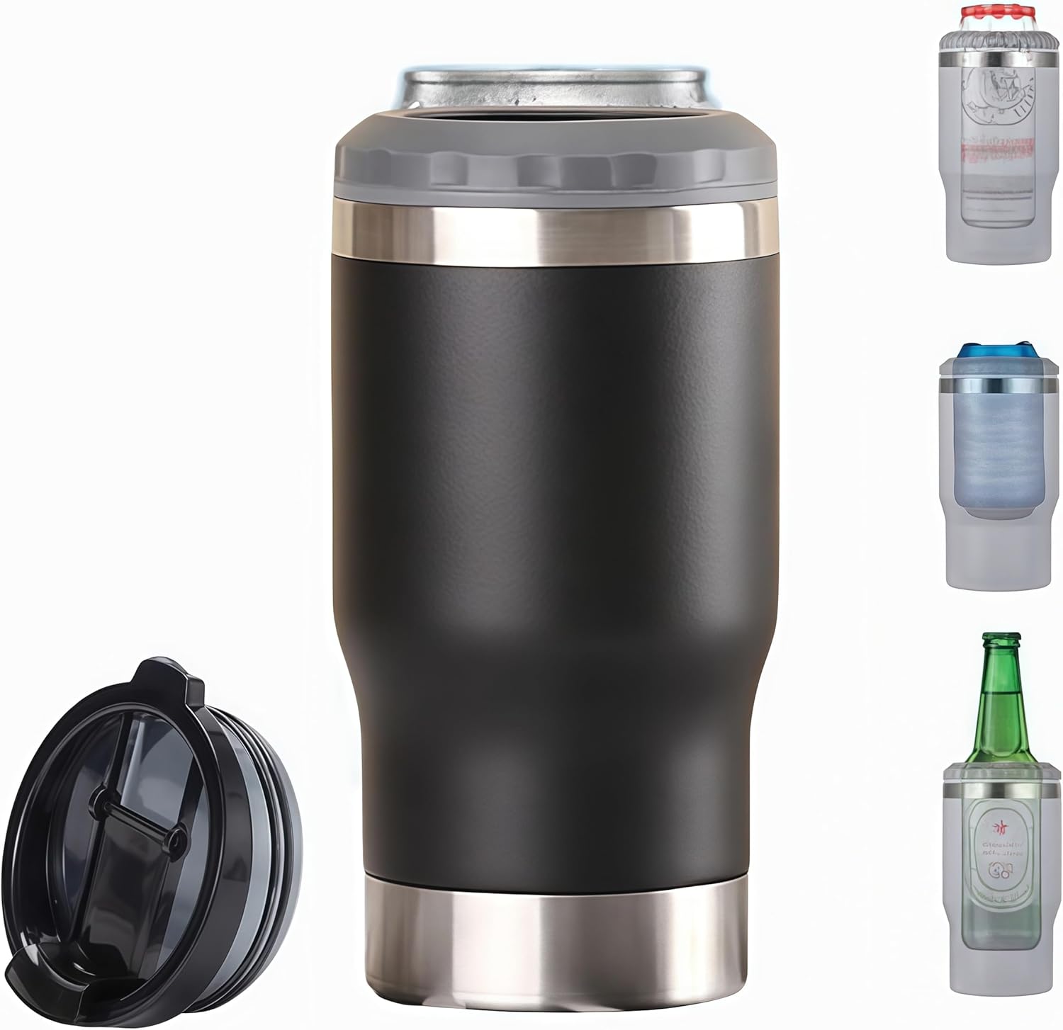 4 in 1 Stainless Steel Thermocooler Beer Bottle Insulator With 2 Lids, 14oz Double walled insulated Travel Mug &Can Cooler Holder (14-12OZ) (Black)