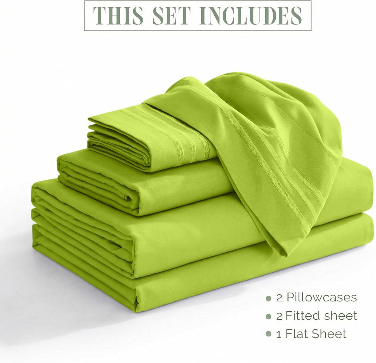 Elegant Comfort Luxurious 1500 Premium Hotel Quality Microfiber Three Line Embroidered Softest 5-Piece Bed Sheet Set, Wrinkle and Fade Resistant, Split King, Lime