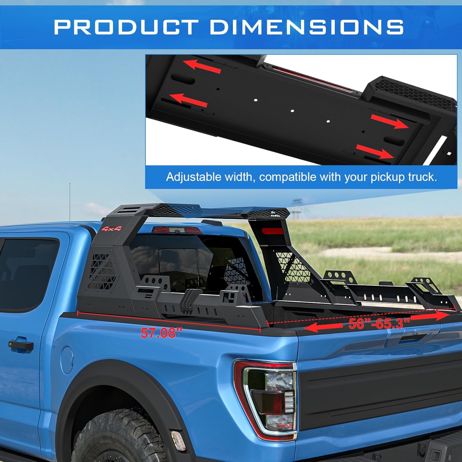 Roll Bar for Full Sizes & Mid Size Pickup Truck, Universal Truck Bed Roll Bar, Adjustable Sport Bar Chase Rack Compatible with Ford F-150/F-250/F-350,Ram1500/2500/3500,Tacoma,Tundra,Sierra,Silverado